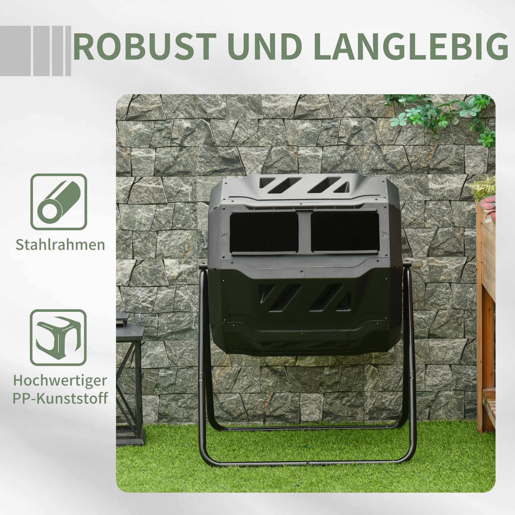Kompostbehållare med dubbla kammare, 160 liter, stål och plast