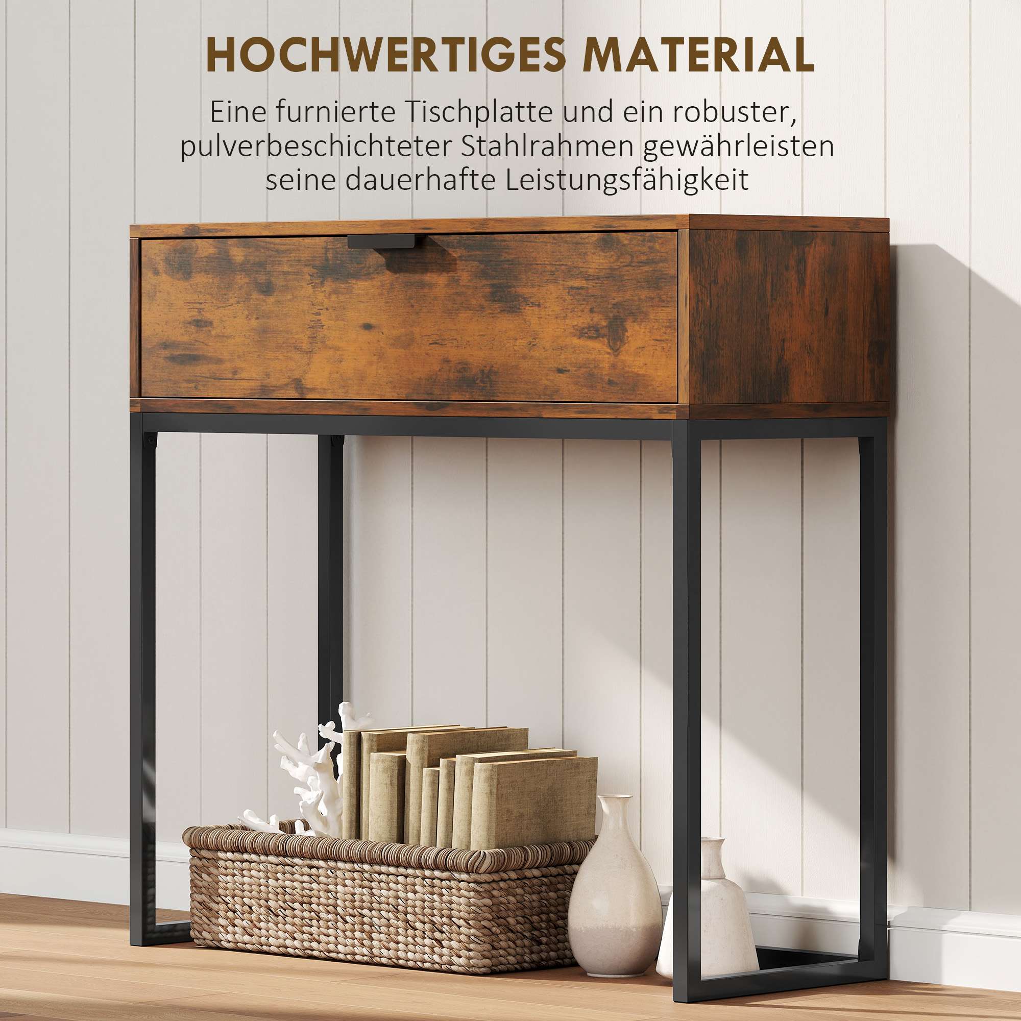 Konsolbord med låda, industriell design, 80x30x76 cm, svart