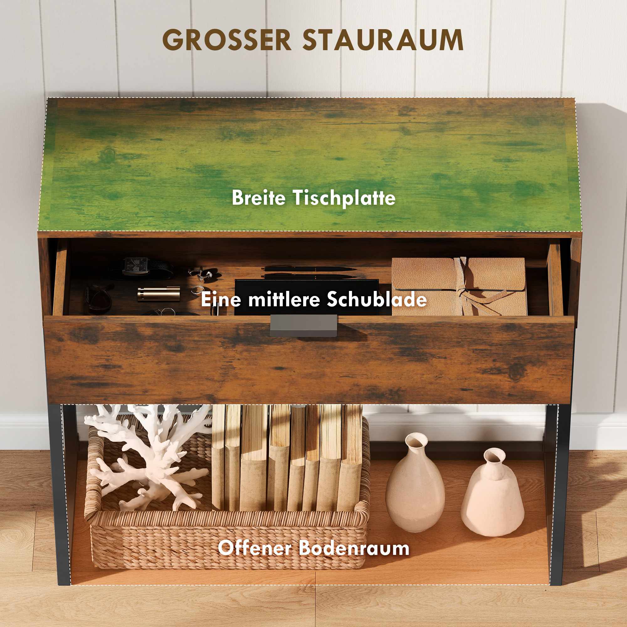 Konsolbord med låda, industriell design, 80x30x76 cm, svart