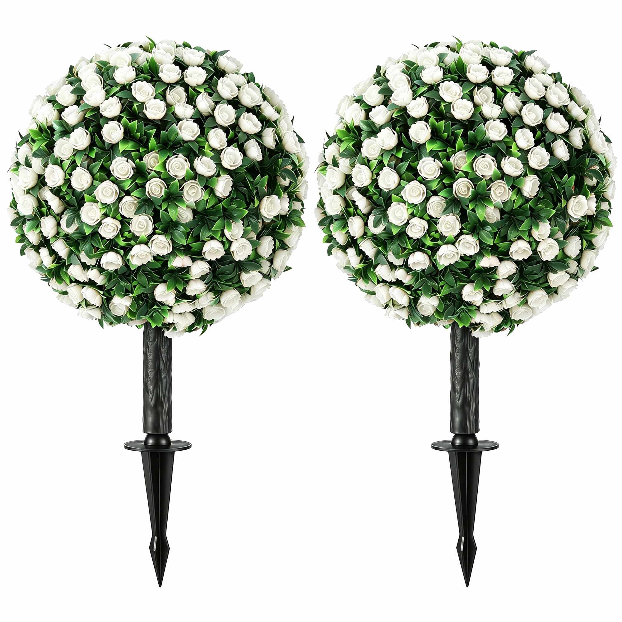 Konstgjorda rosbollar, topiary-stakar, 2-pack, UV-resistenta, vita