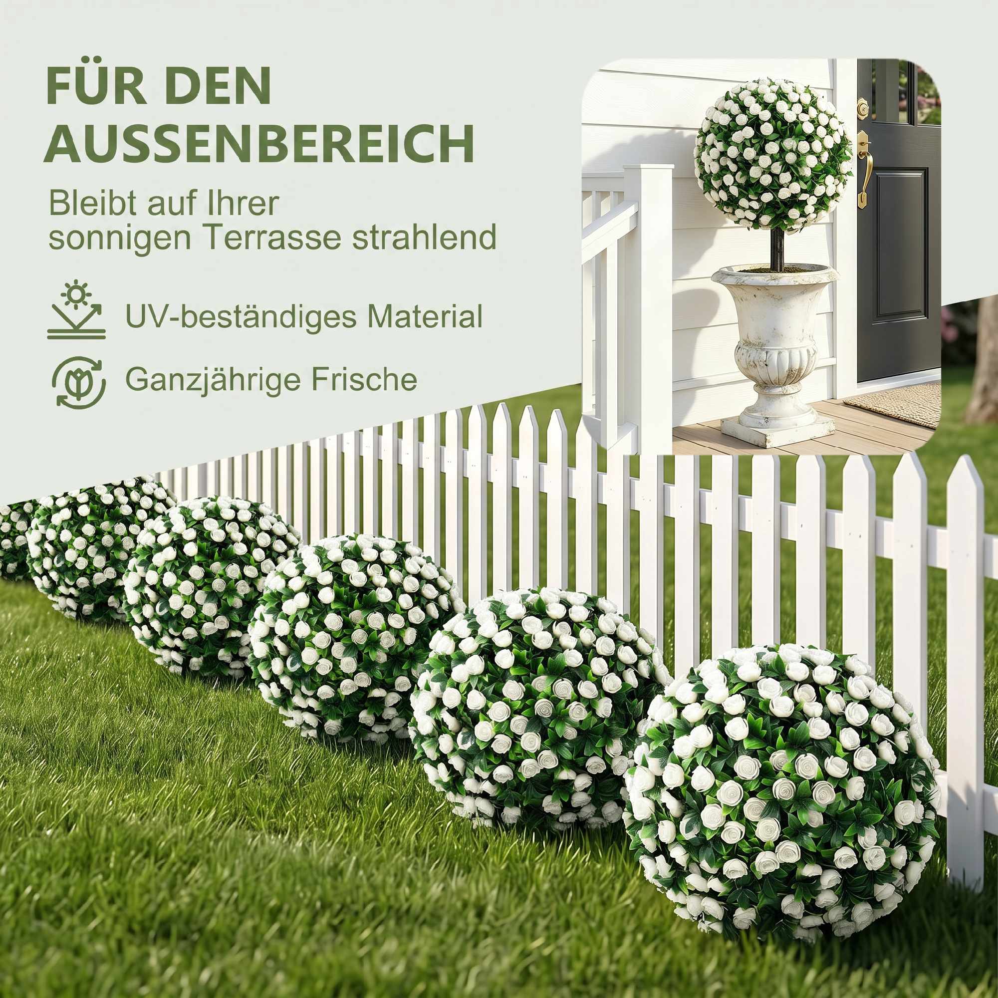 Konstgjorda rosbollar, topiary-stakar, 2-pack, UV-resistenta, vita