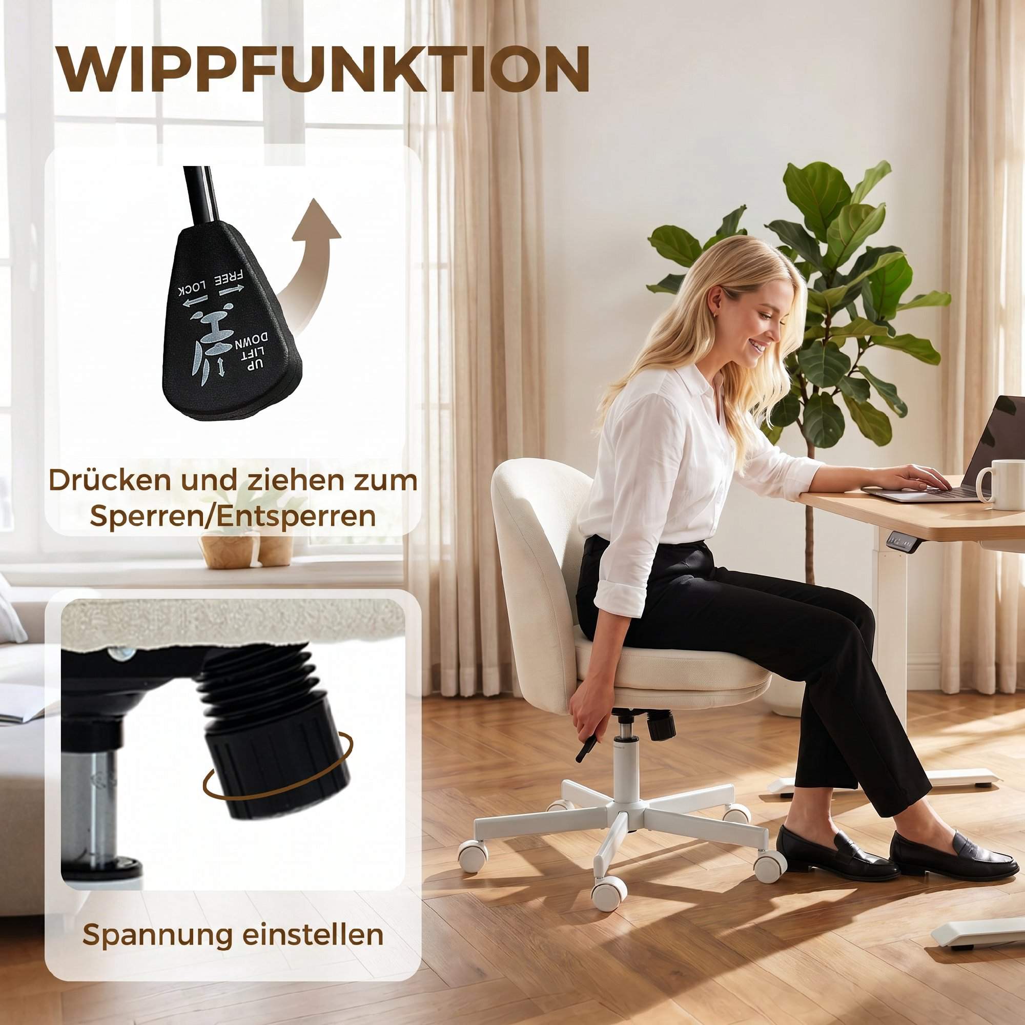Kontorsstol, Höjdjusterbar, Gungstol, Chenilletyg, Krämfärgad