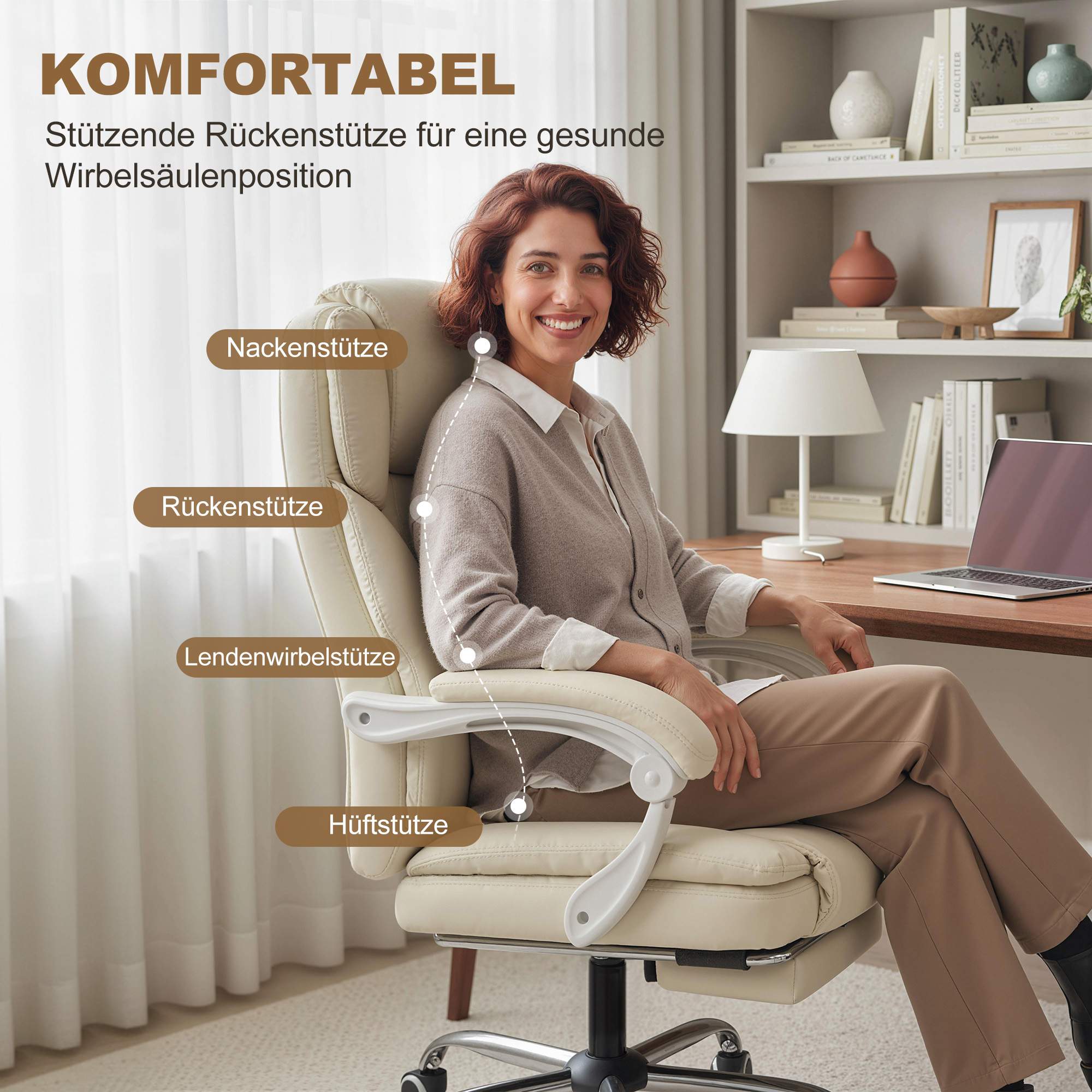 Kontorsstol med fotstöd, justerbar höjd, beige