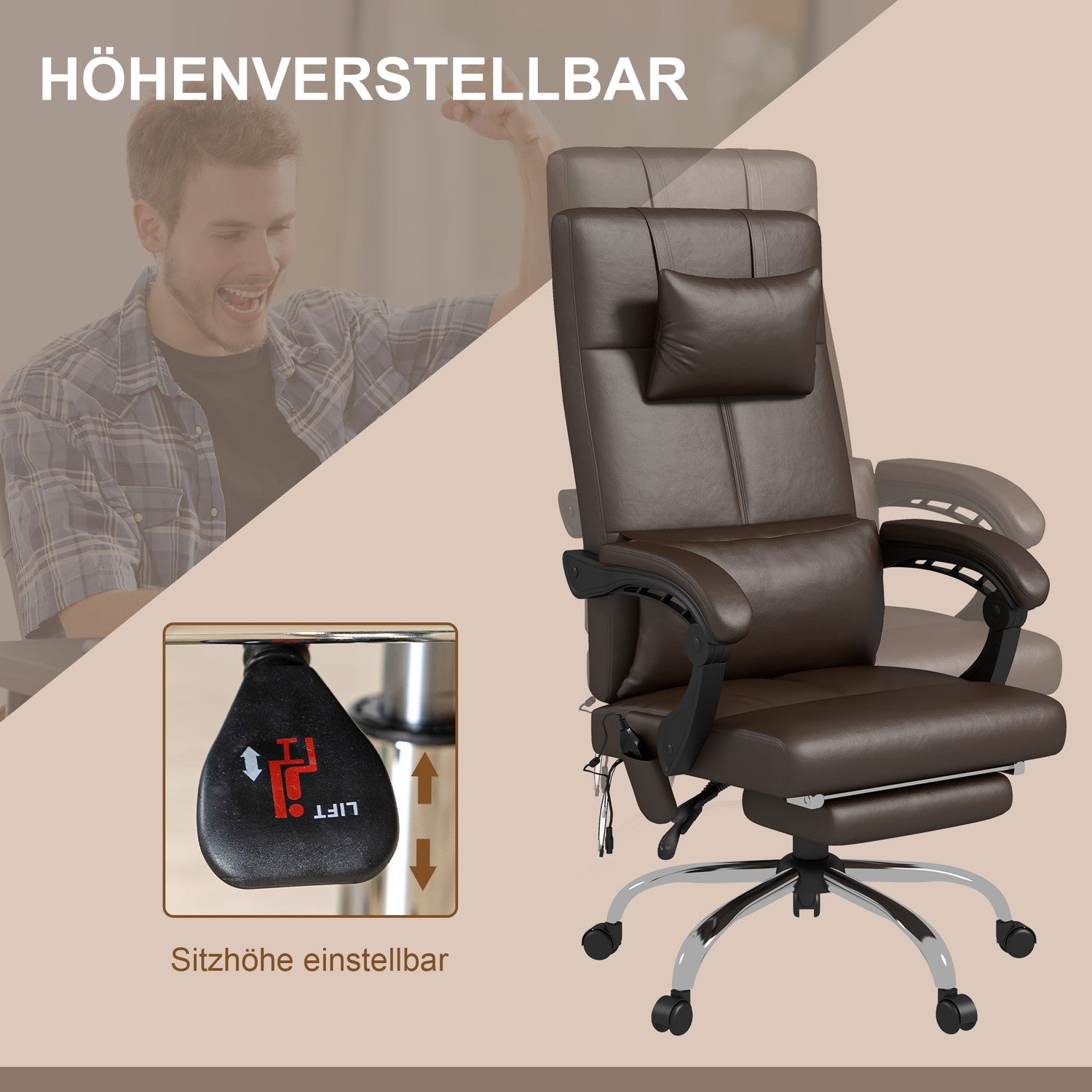 Kontorsstol med massagefunktion, ergonomisk skrivbordsstol med liggfunktion, nackstöd, höj- och sänkbar, brun