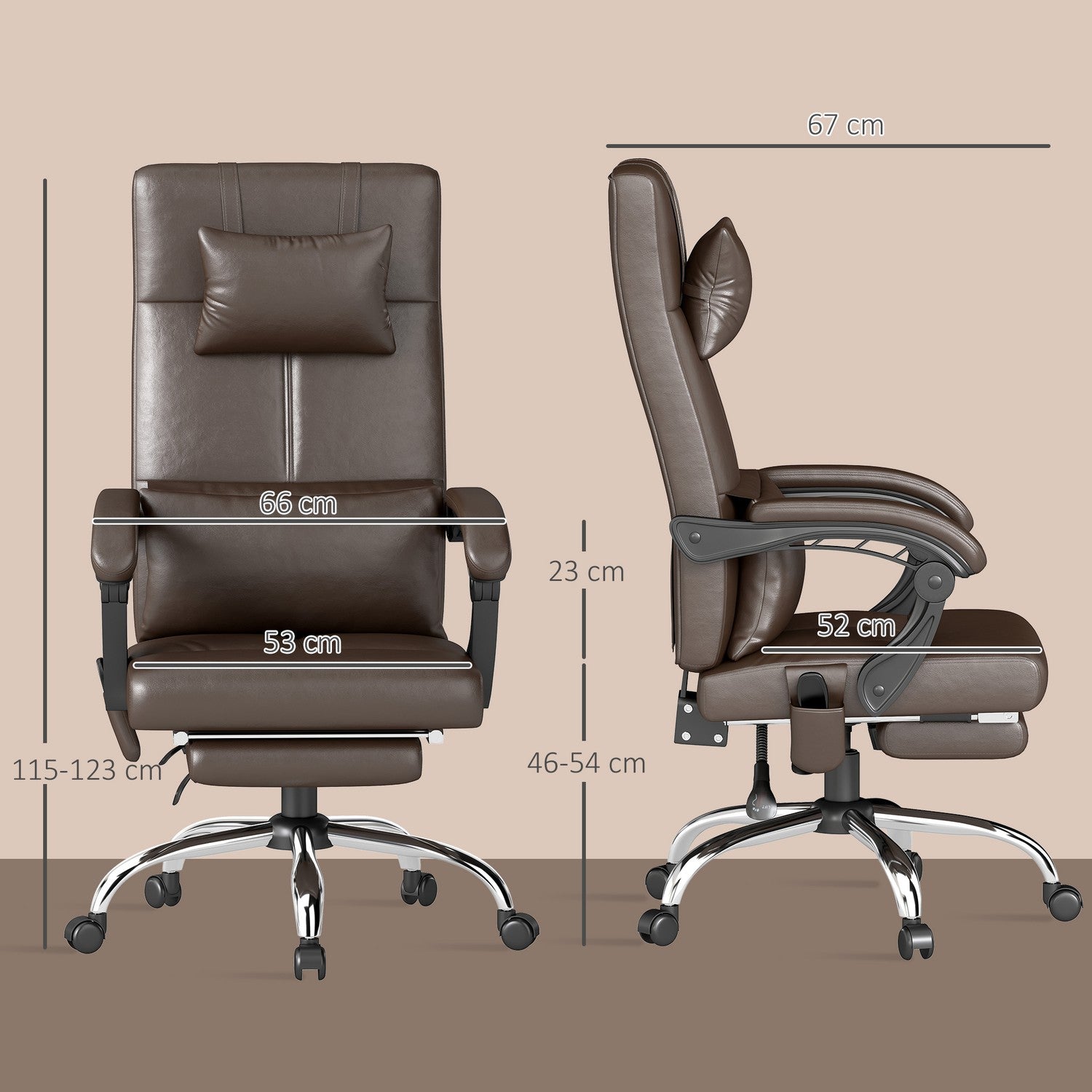 Kontorsstol med massagefunktion, ergonomisk skrivbordsstol med liggfunktion, nackstöd, höj- och sänkbar, brun