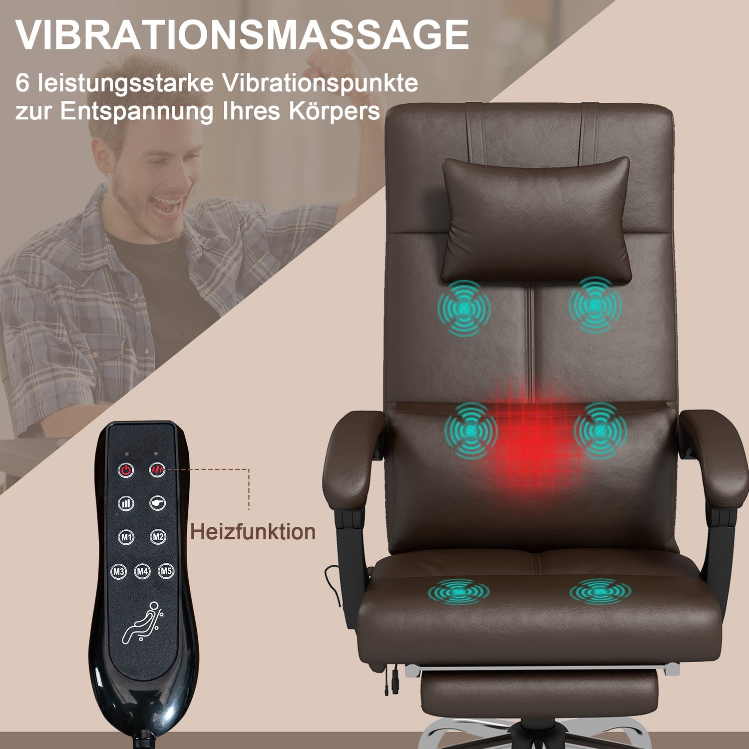 Kontorsstol med massagefunktion, ergonomisk skrivbordsstol med liggfunktion, nackstöd, höj- och sänkbar, brun