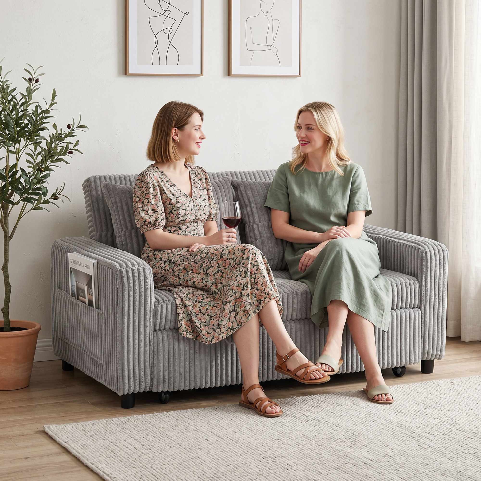 Konvertibel 2-sits bäddsoffa i sladd, 2 kuddar, fickor, grå