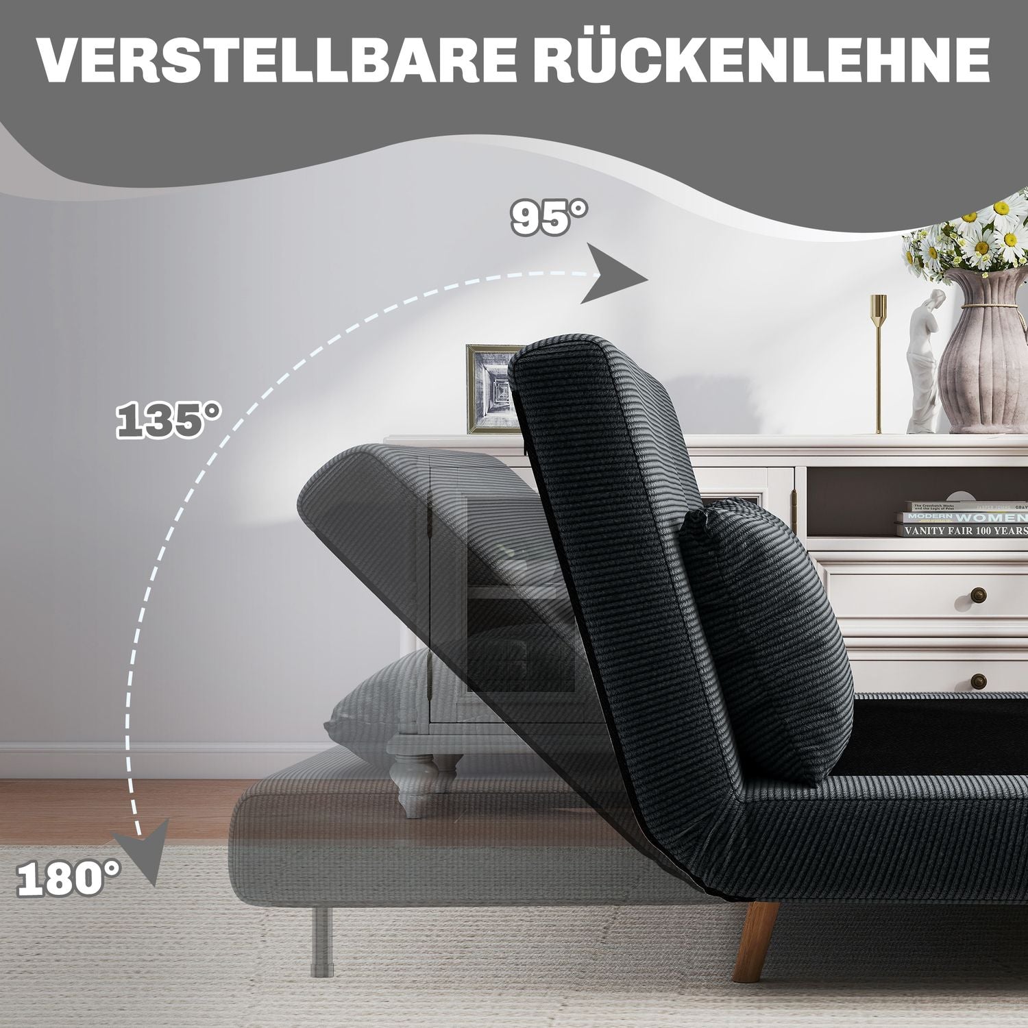 Konvertibel bäddsoffa, justerbart ryggstöd, mörkgrå, 141x90x81 cm