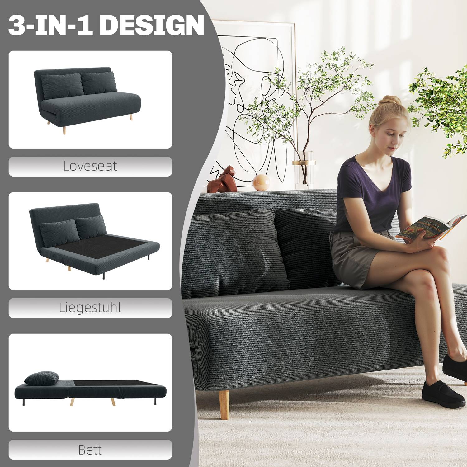 Konvertibel bäddsoffa, justerbart ryggstöd, mörkgrå, 141x90x81 cm