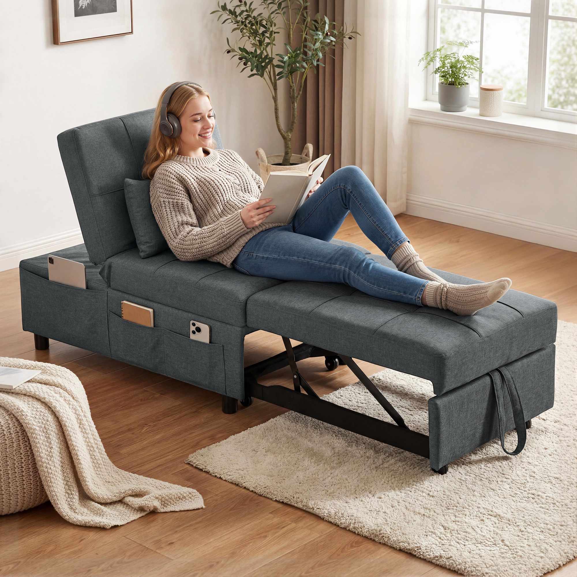 Konvertibel bäddsoffa med justerbart ryggstöd och dyna