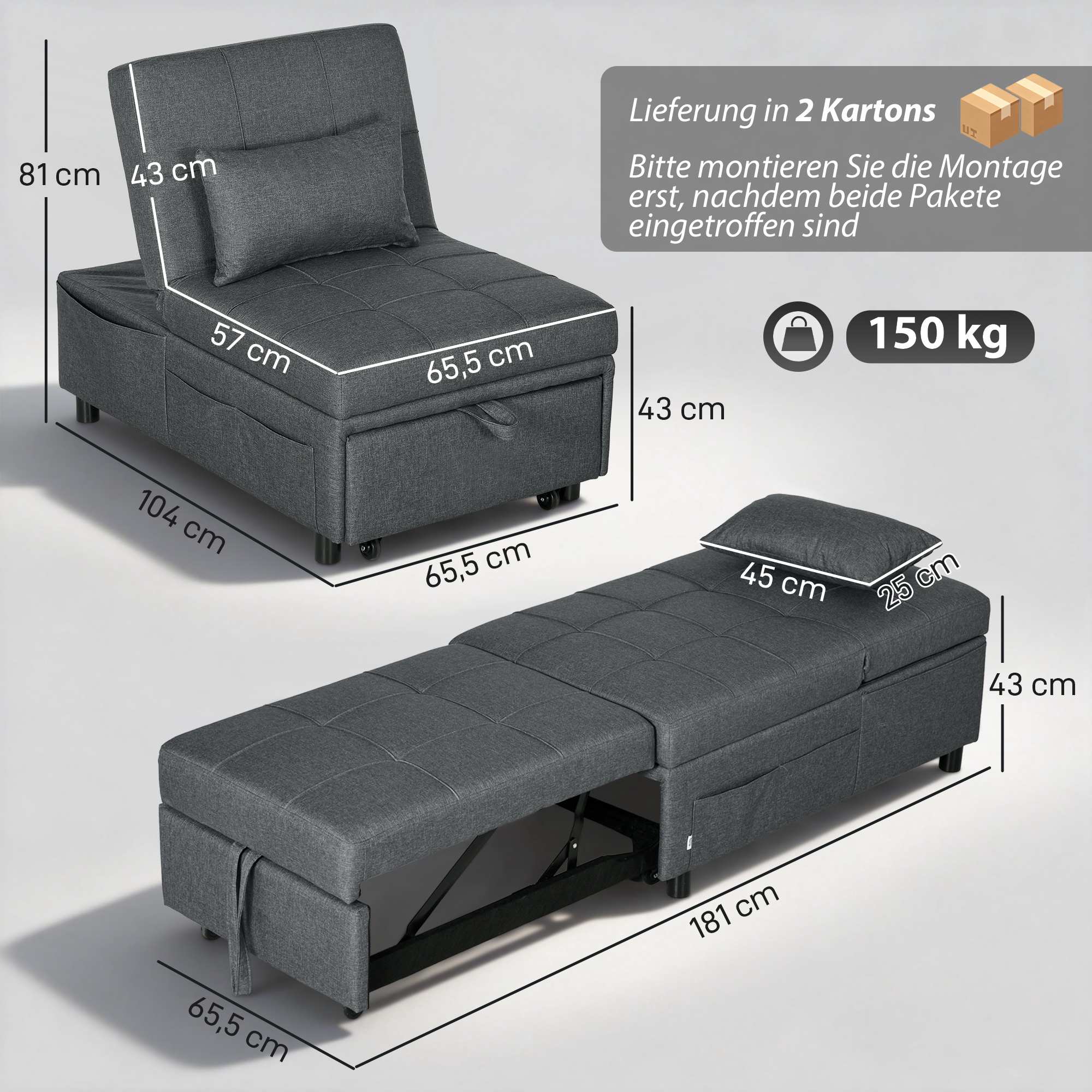 Konvertibel bäddsoffa med justerbart ryggstöd och dyna