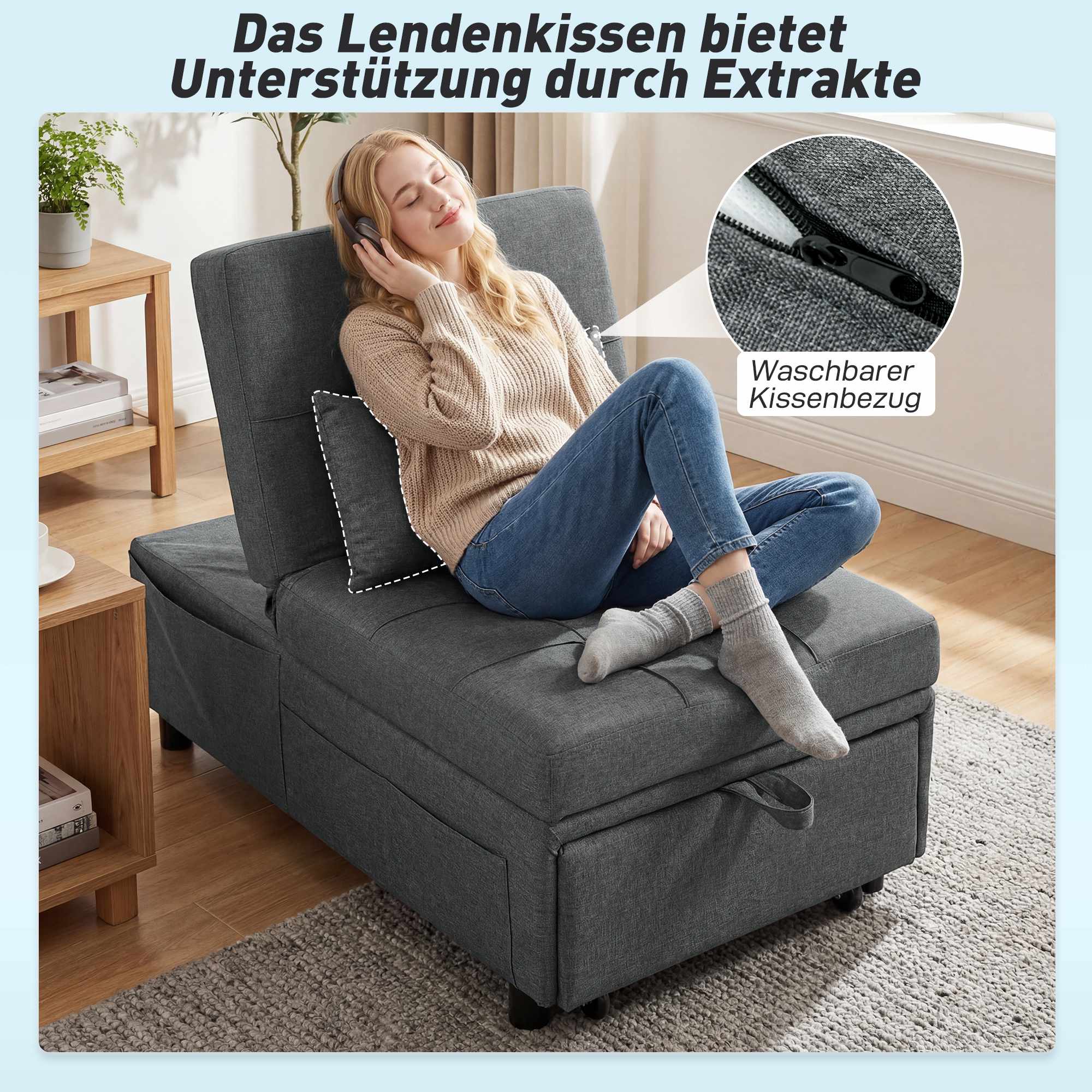 Konvertibel bäddsoffa med justerbart ryggstöd och dyna