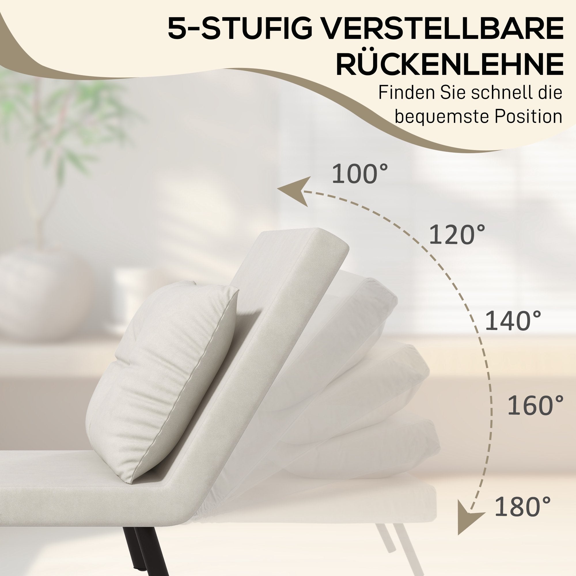 Konvertibel sovfåtölj, 5-positions vilfåtölj, krämfärgad, med dyna