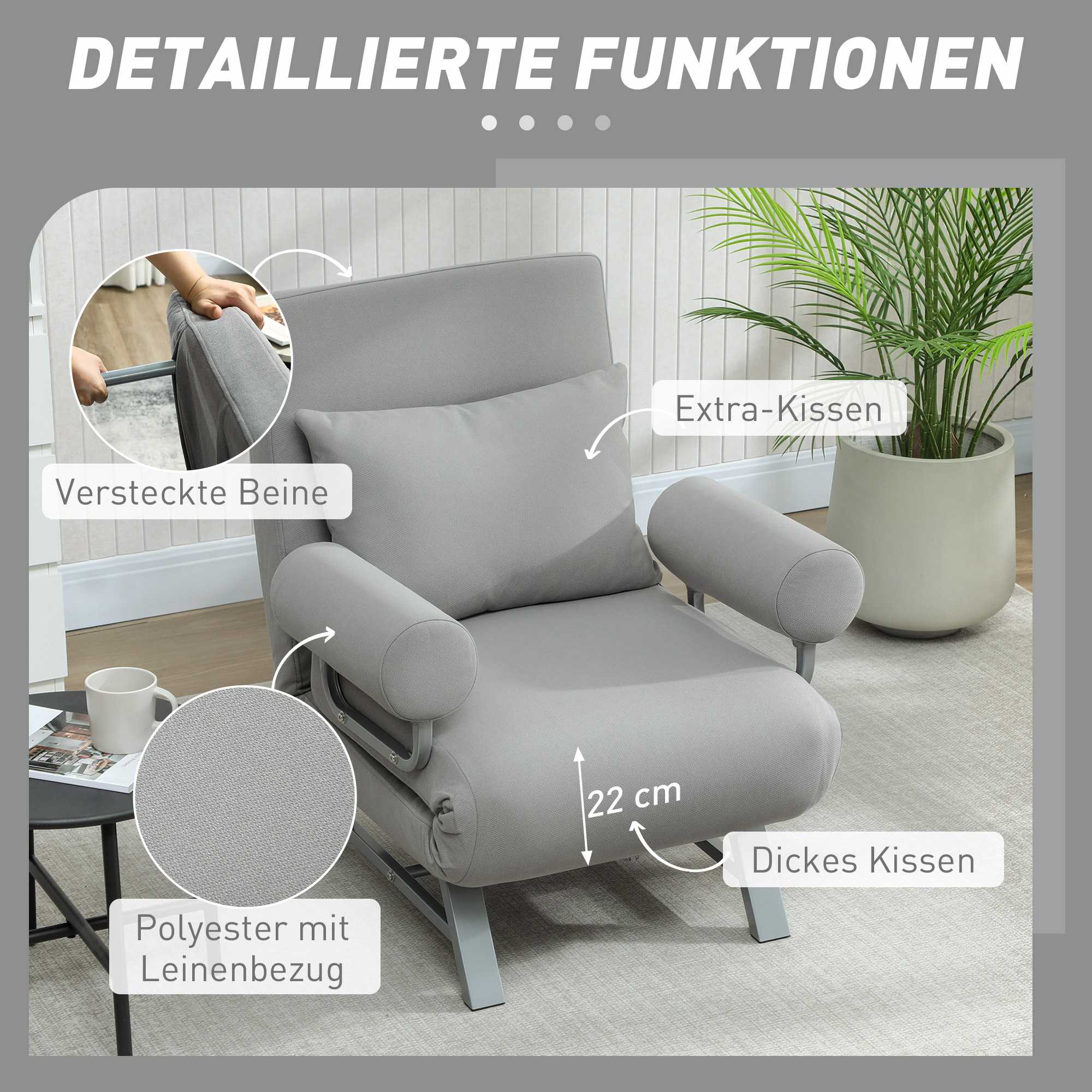 Konvertibel sovfåtölj, ergonomisk, ljusgrått tyg