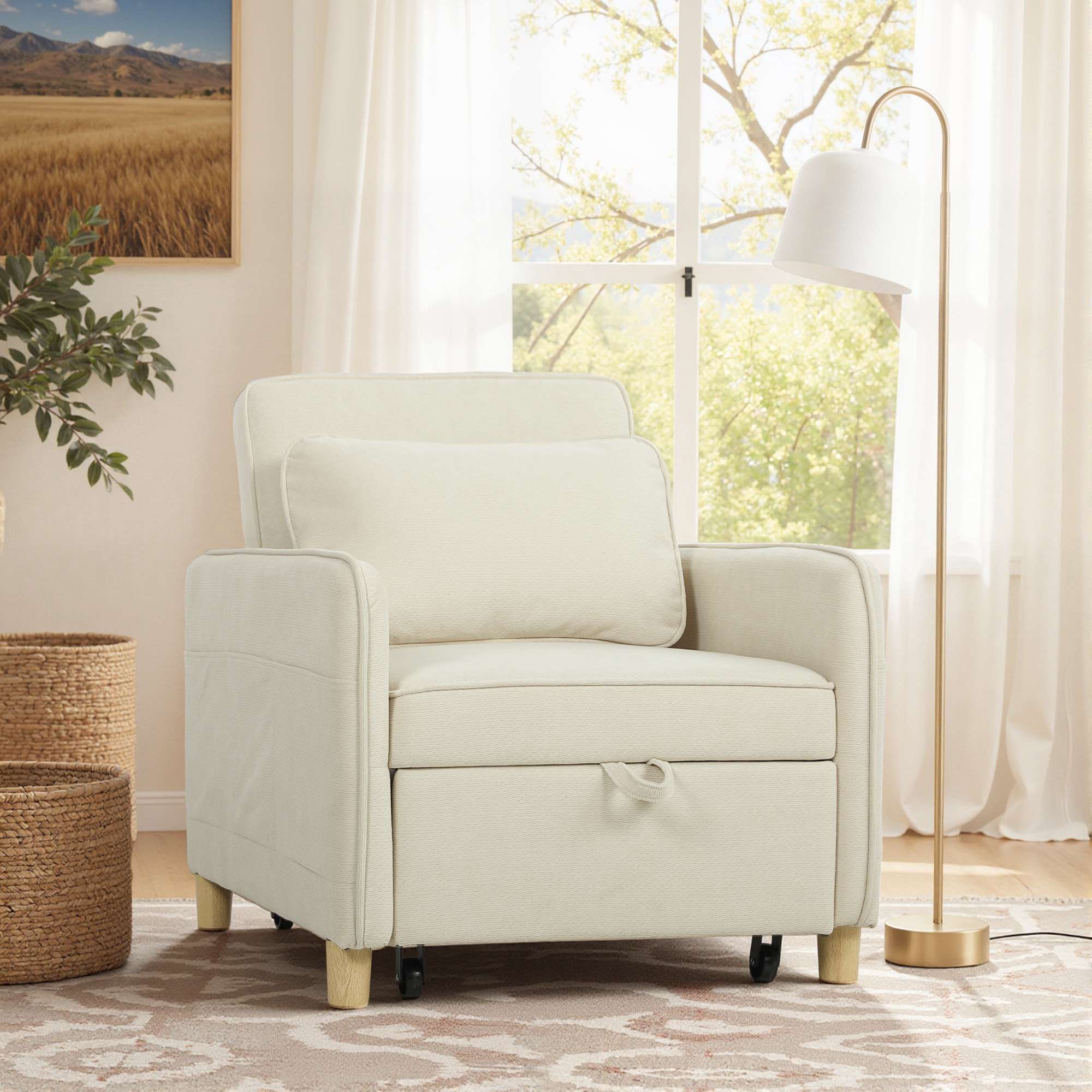 Konvertibel sovfåtölj, skumstoppning, beige tyg
