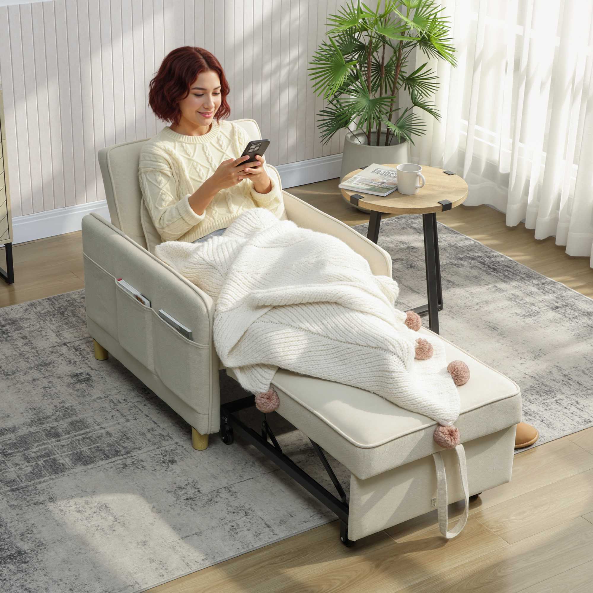 Konvertibel sovfåtölj, skumstoppning, beige tyg
