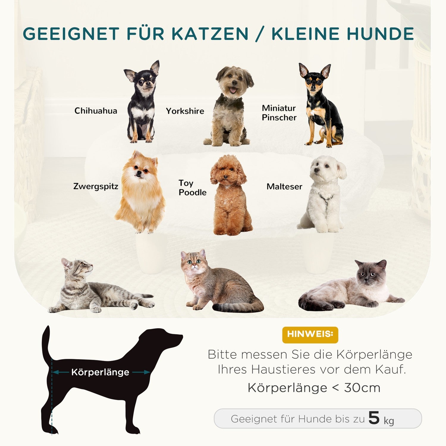 Krämfärgad flanellsoffa för husdjur, förhöjd hund- och kattsoffa, träben