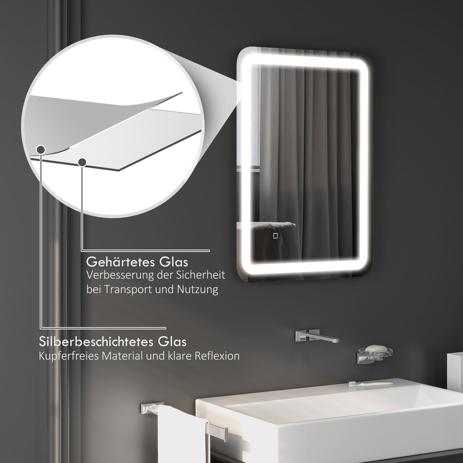 LED Badrumsspegel, 50x70cm, Anti-Imma, Touch Switch