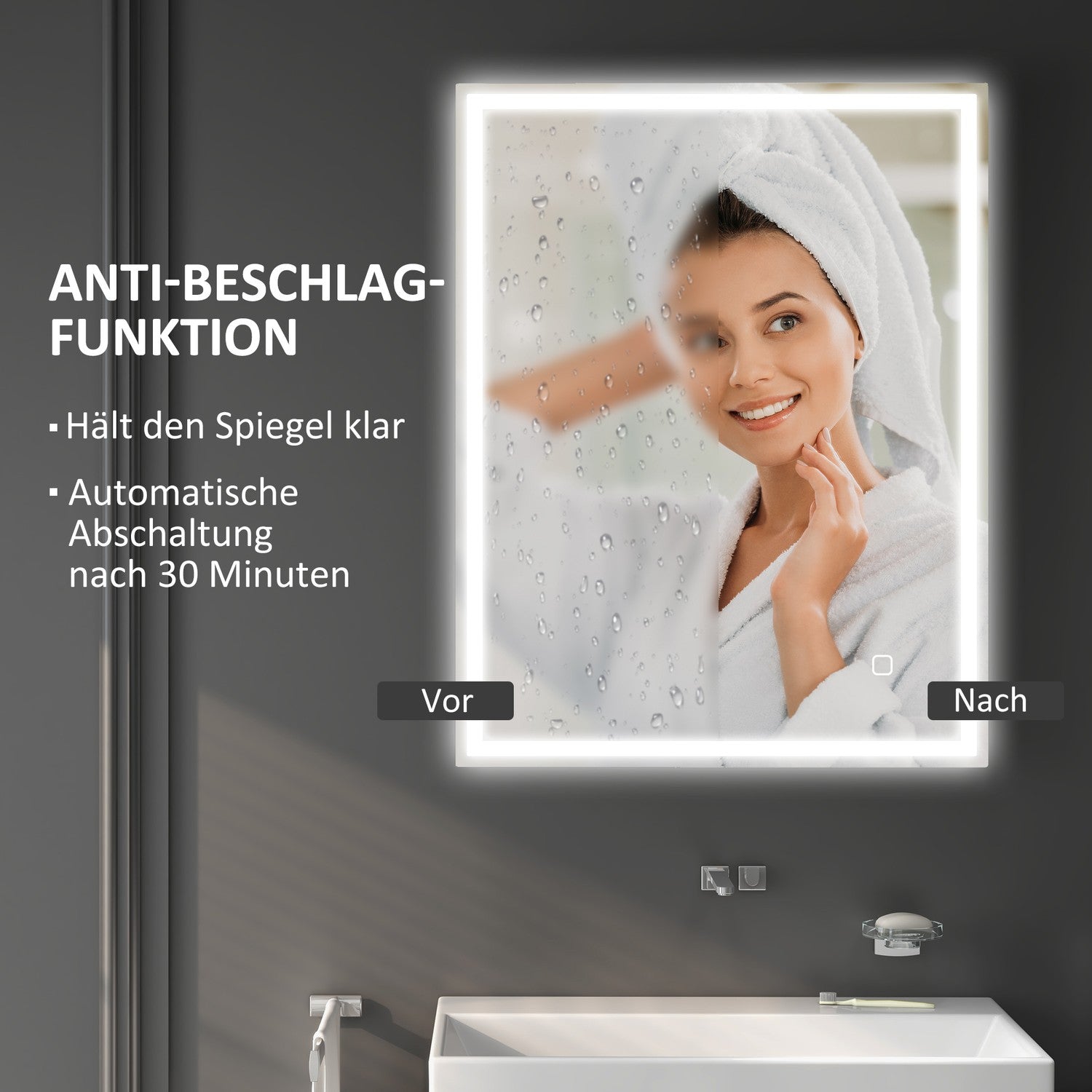 LED Badrumsspegel, 90x70 cm, immafri, Touch Switch
