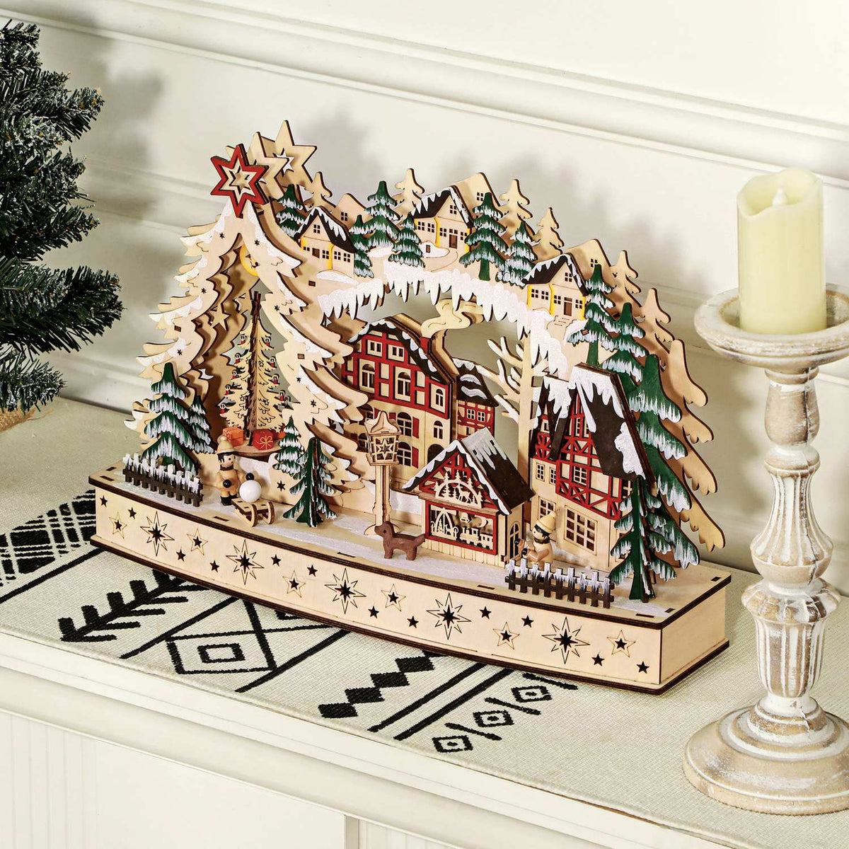 LED-Lit Wooden Christmas Village – 20 st ljus, 45x12x30 cm