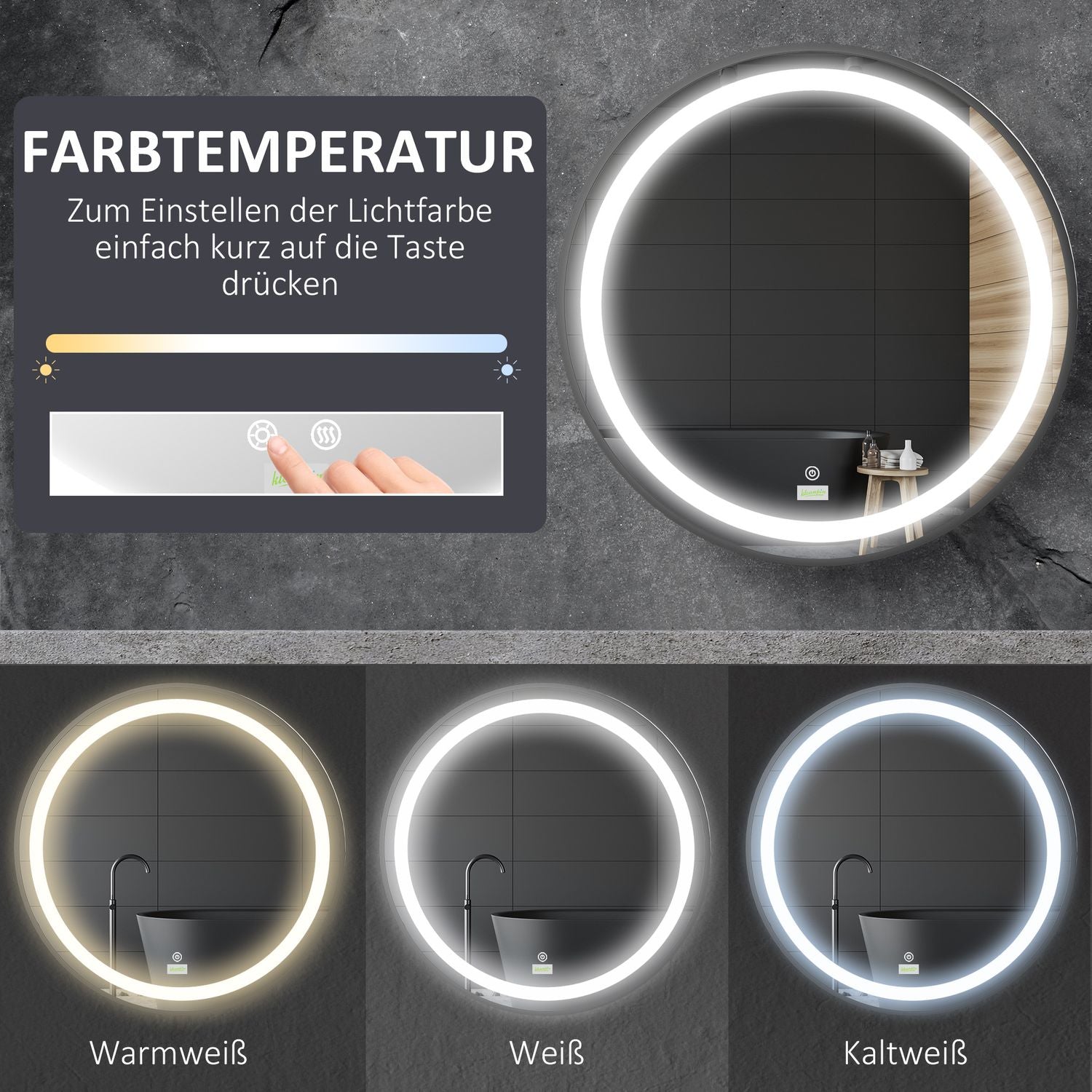 LED badrumsspegel – 60 cm, Touch & Memory, Svart, IP44-klassning
