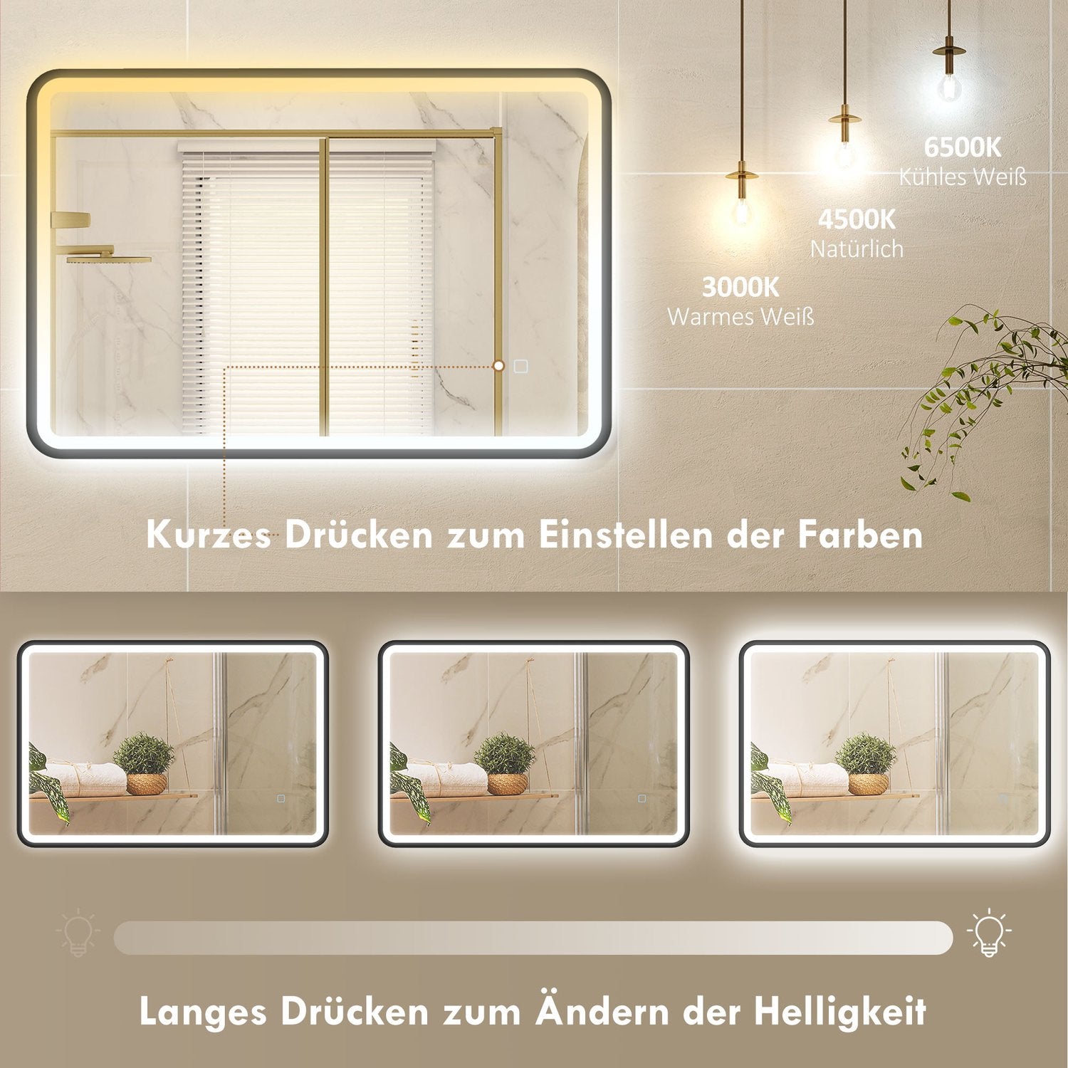 LED-badrumsspegel, 90x60 cm, dimbar, 3 färger, svart