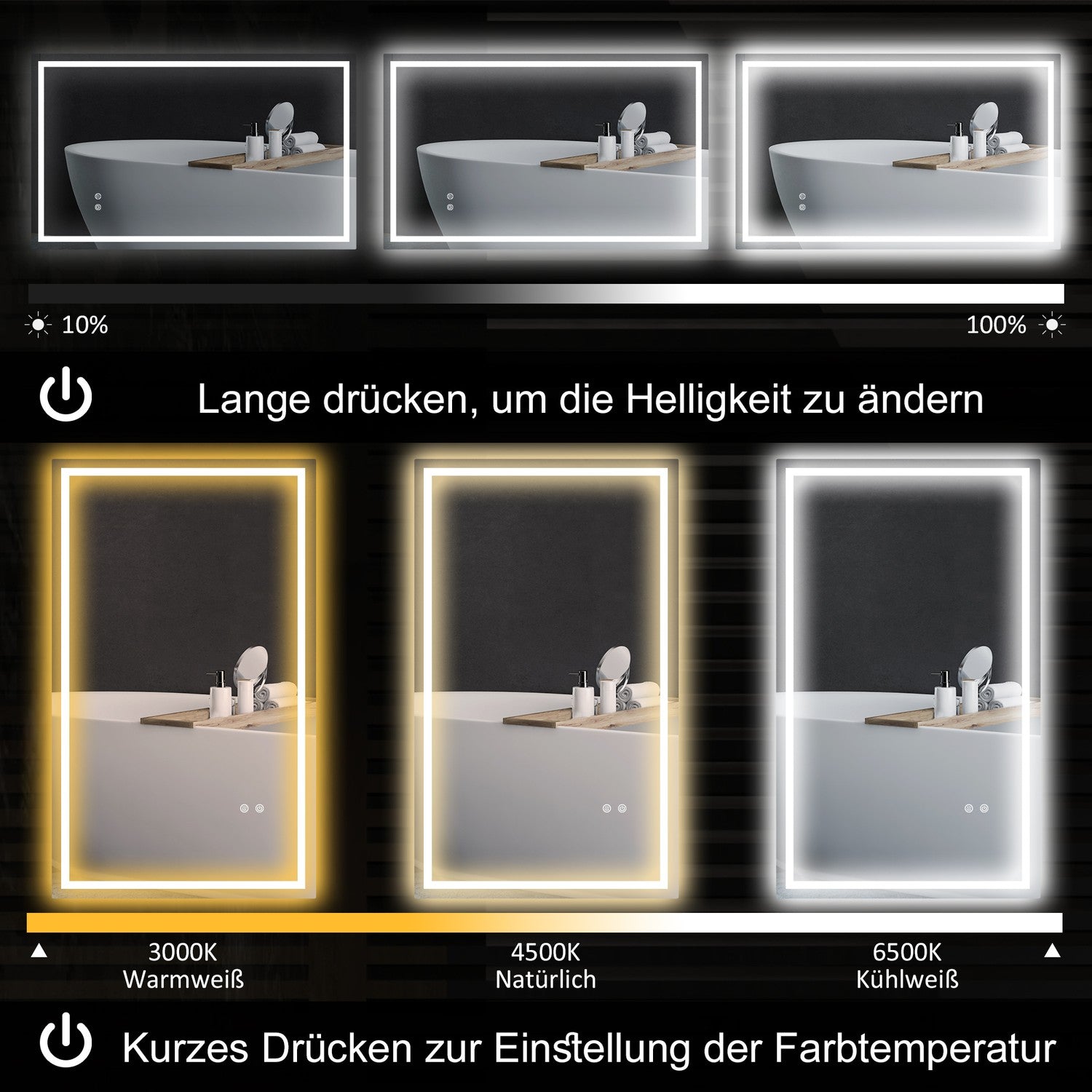 LED badrumsspegel – justerbar ljusstyrka, anti-dimma, 100x60 cm