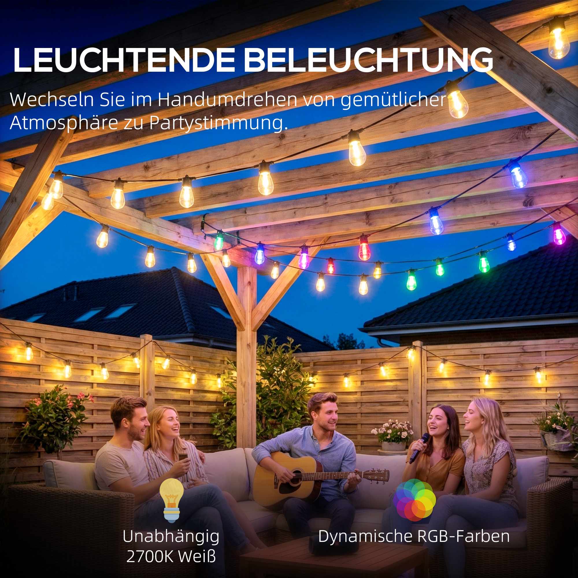 LED-gardinbelysning, RGBW, 16,8 m, Vattentät, Fjärrkontroll
