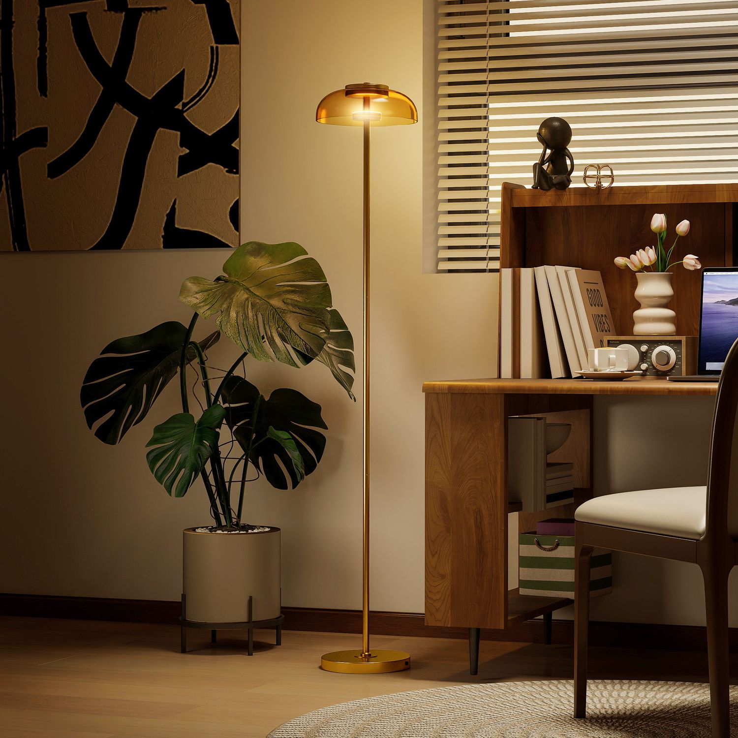 LED-golvlampa, 3000K varmt ljus, mässingsfinish, fotpedal