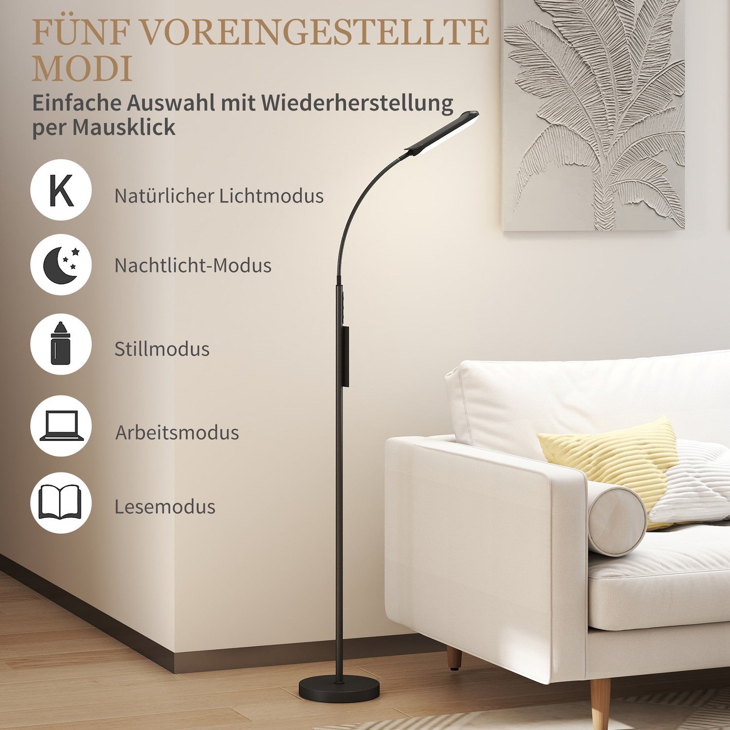 LED-golvlampa, 5 lägen, minnesfunktion, justerbar ljusstyrka, stål, svart