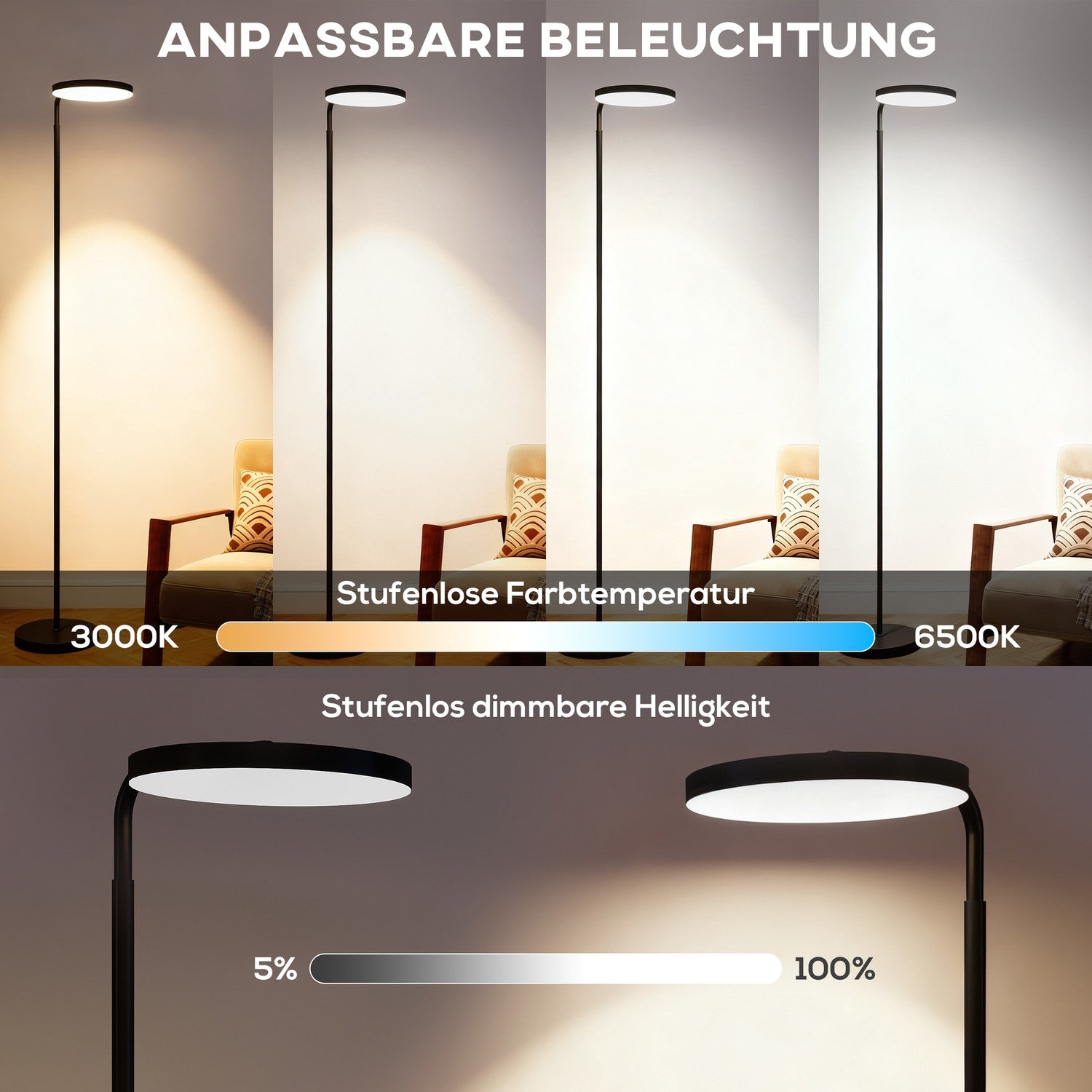 LED-golvlampa, justerbar, fjärrkontroll, svart