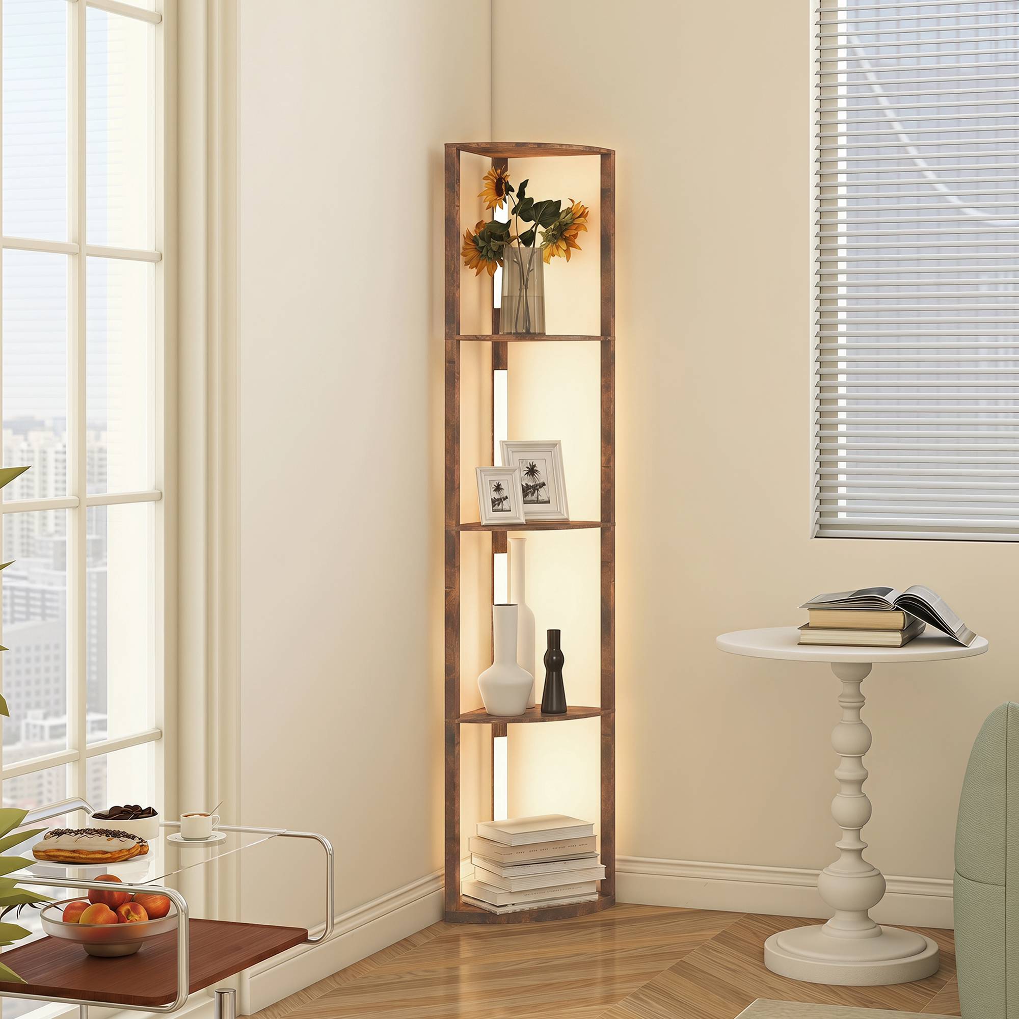 LED-golvlampa med hyllor, rustik brun, fotpedal, dimbar