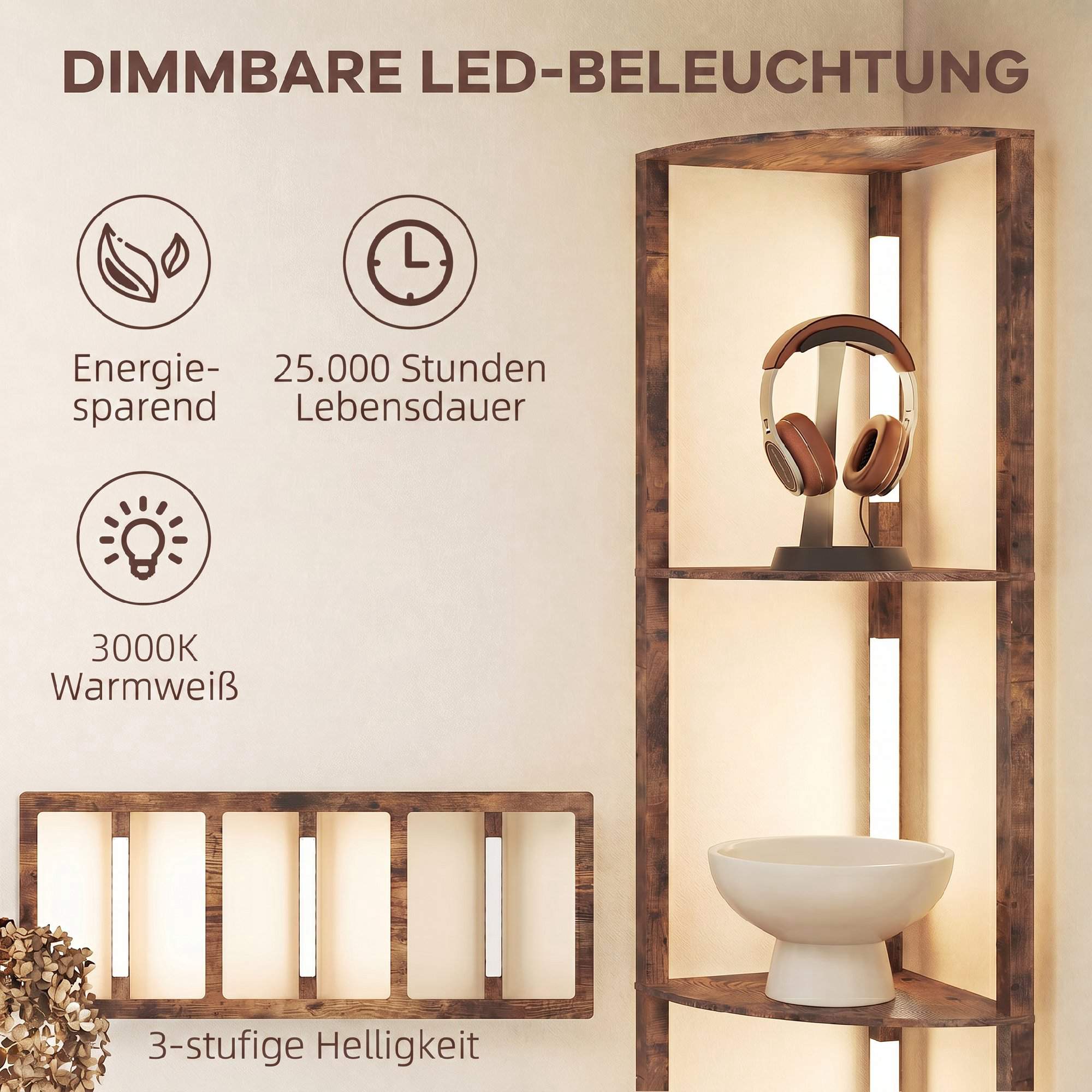 LED-golvlampa med hyllor, rustik brun, fotpedal, dimbar
