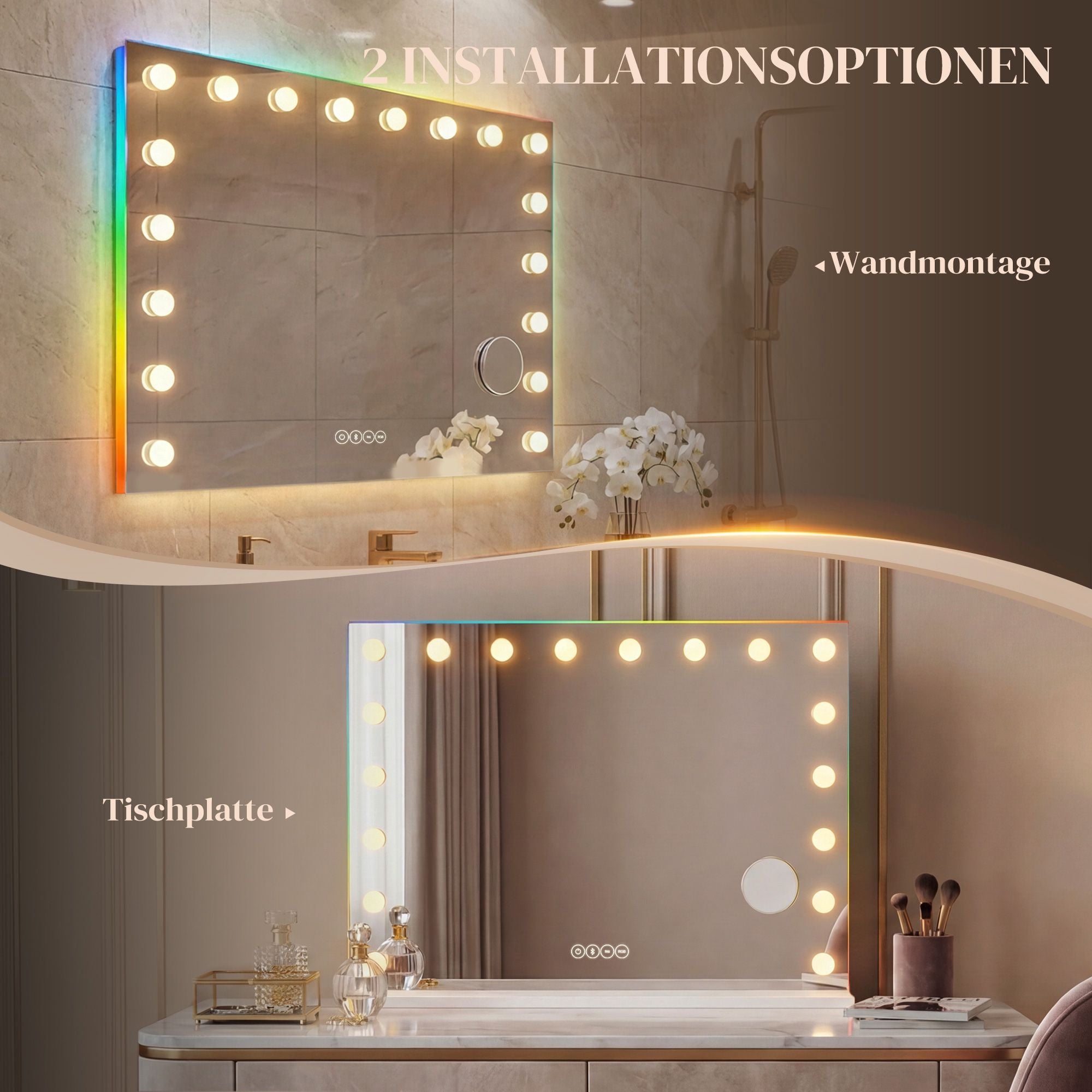 LED-sminkspegel med Bluetooth, RGB, 10x förstoring