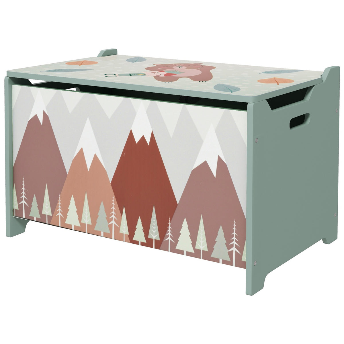 Coffre à jouets avec couvercle – joli design animalier, vert, charnières sécurisées