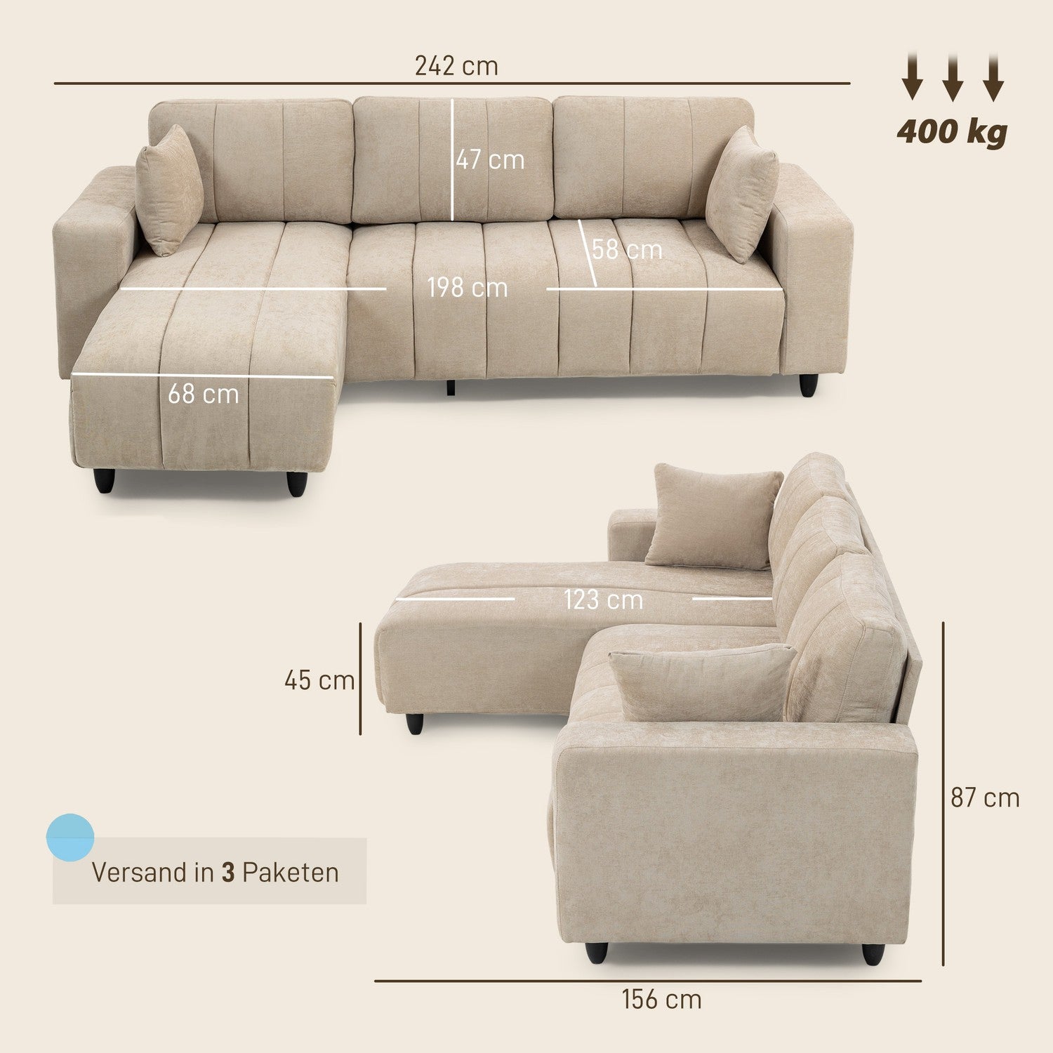 L-formad sektionssoffa, beige, 3-sits med schäslong och kuddar