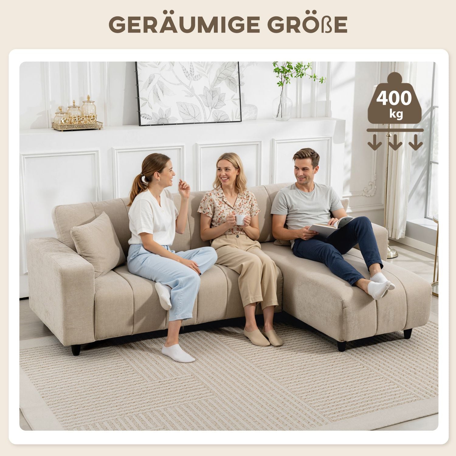 L-formad sektionssoffa, beige, 3-sits med schäslong och kuddar