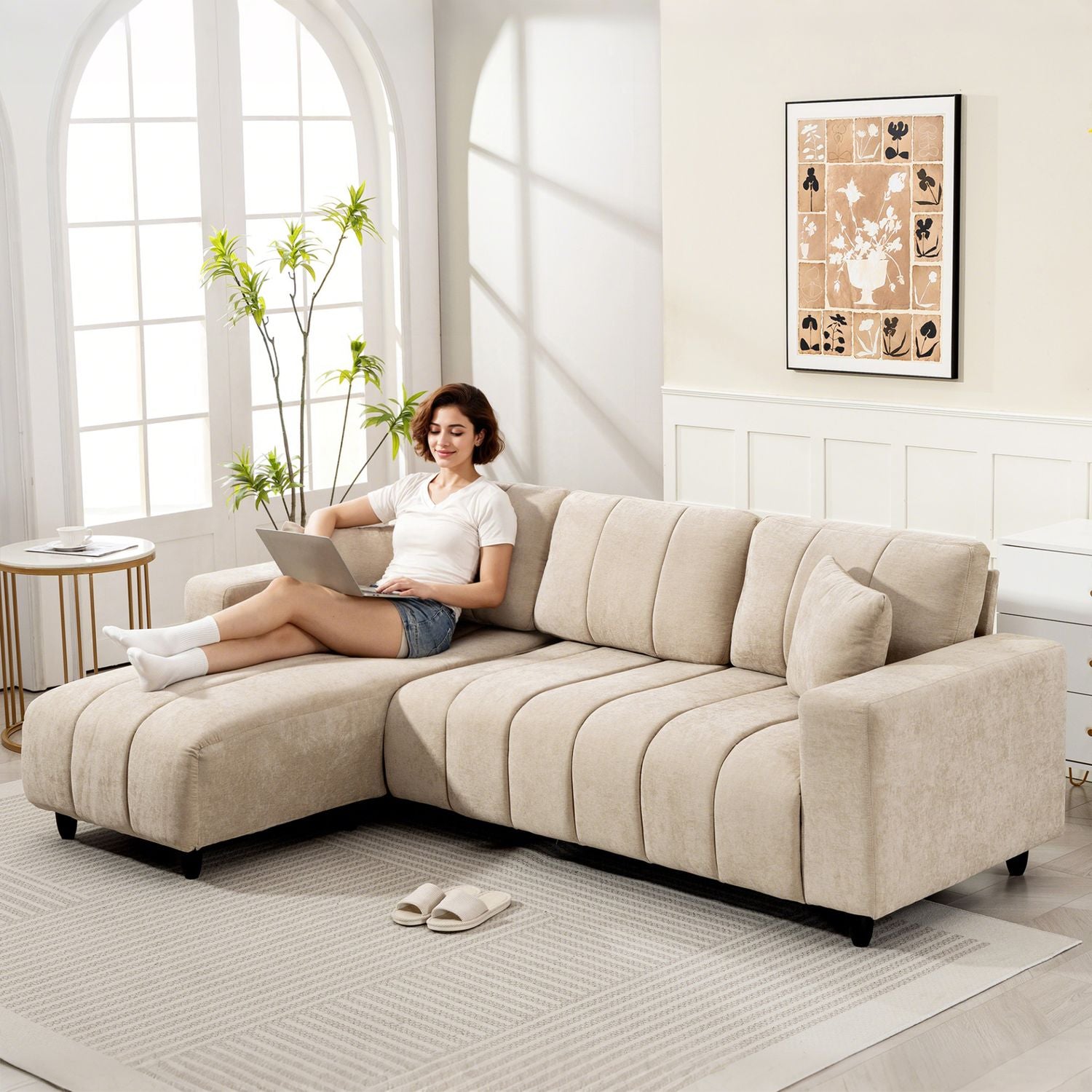 L-formad sektionssoffa, beige, 3-sits med schäslong och kuddar