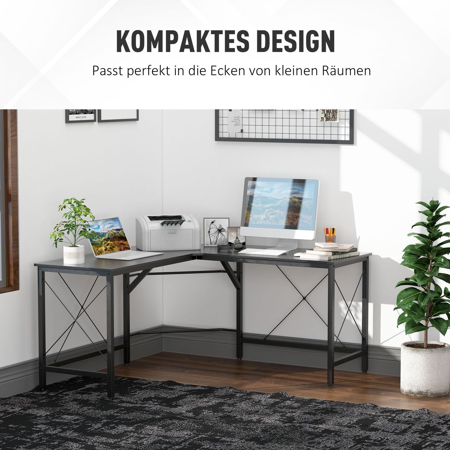 L-format hörnskrivbord, svart MDF, 150x150x76 cm