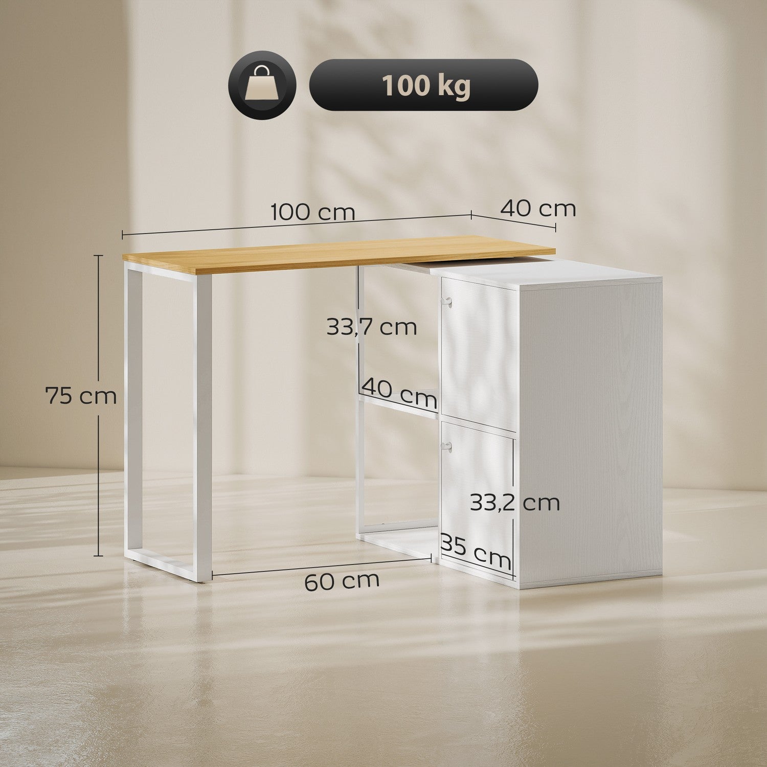 L-format skrivbord, roterande hörn, 2 skåp, 2 hyllor, 150x40x75 cm, vit