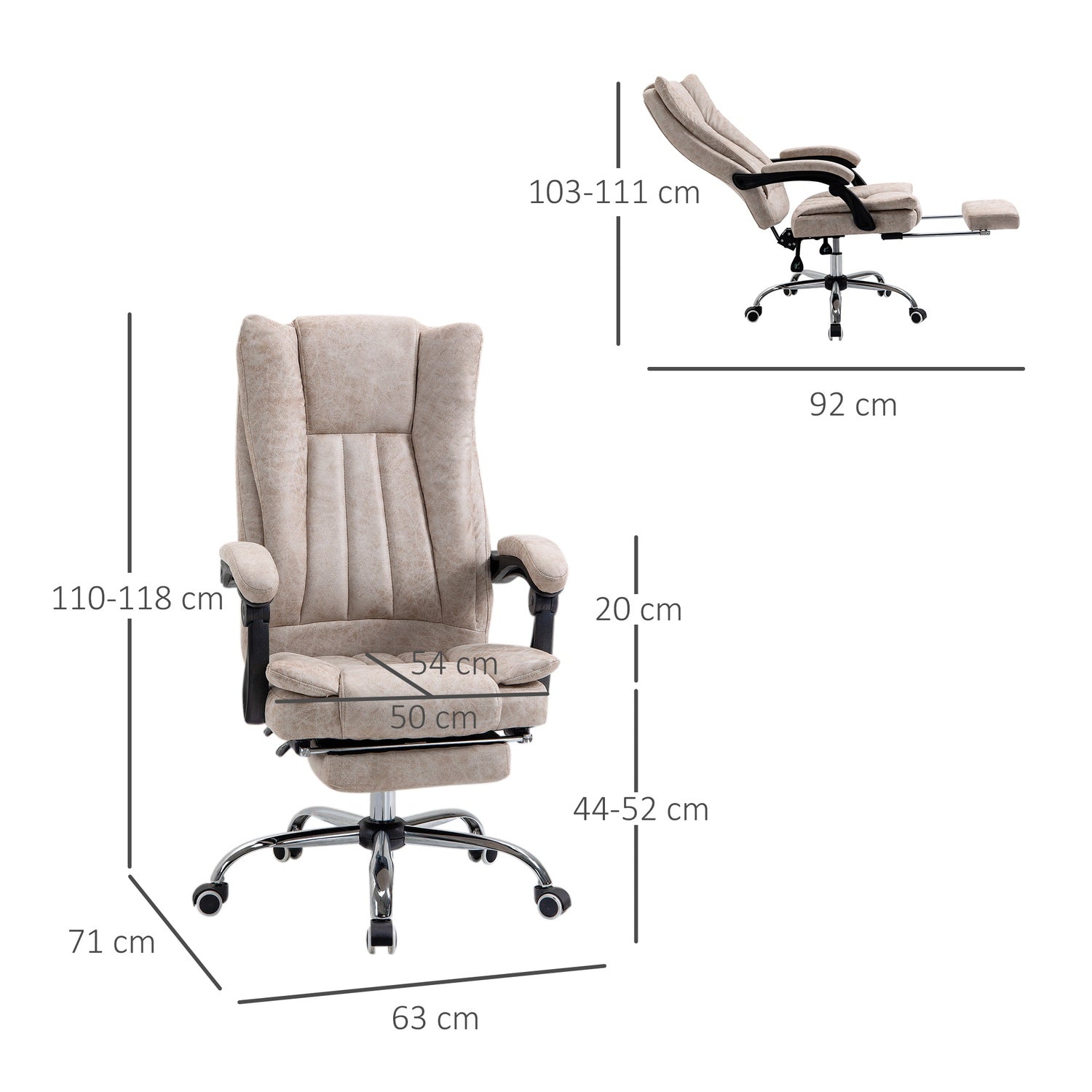 Liggande kontorsstol, mikrofiber, justerbar höjd, beige