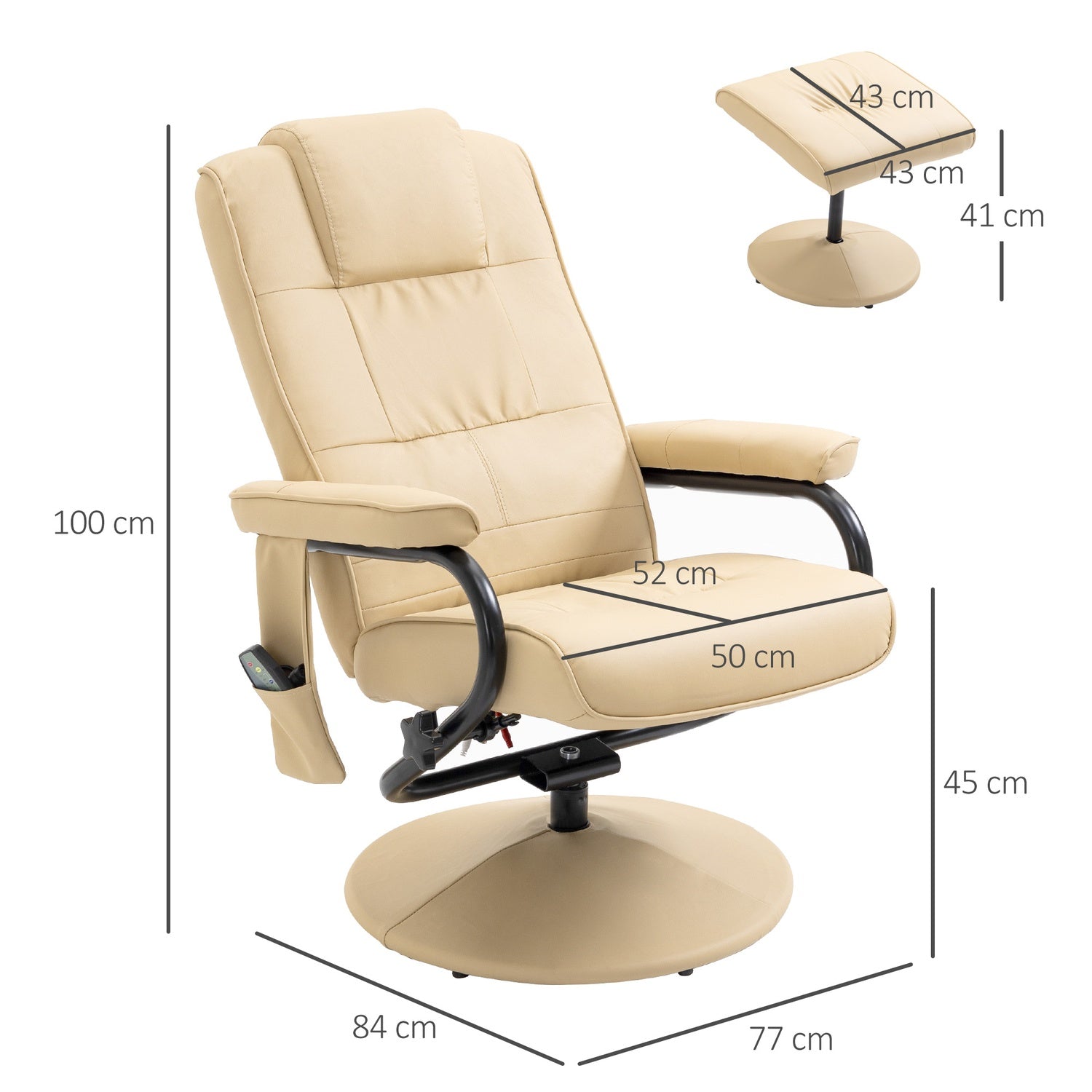Liggande massagestol med pall – konstläder, kräm