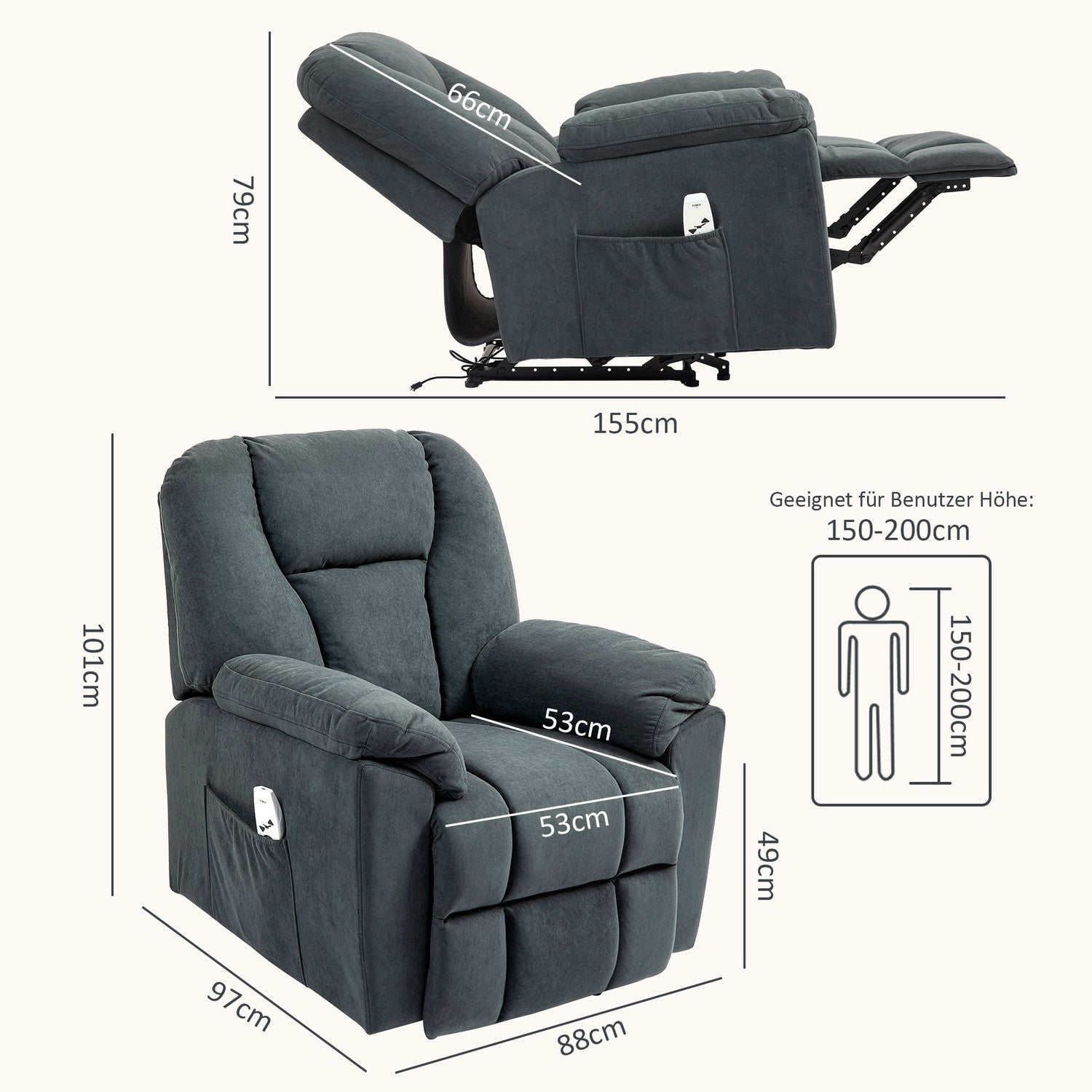 Liggande massagestol m/ värme & USB, mörkgrå