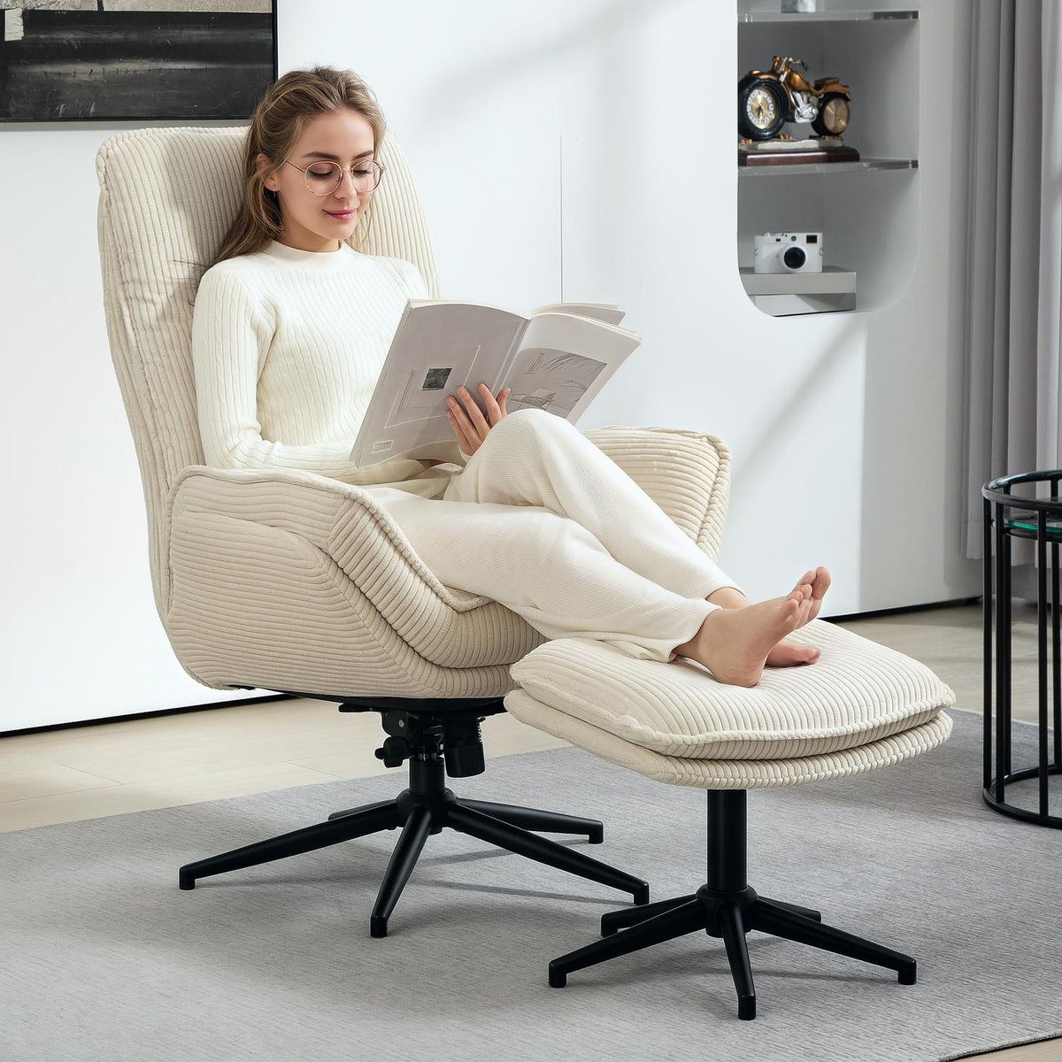 Transat beige pivotant 360° avec tabouret