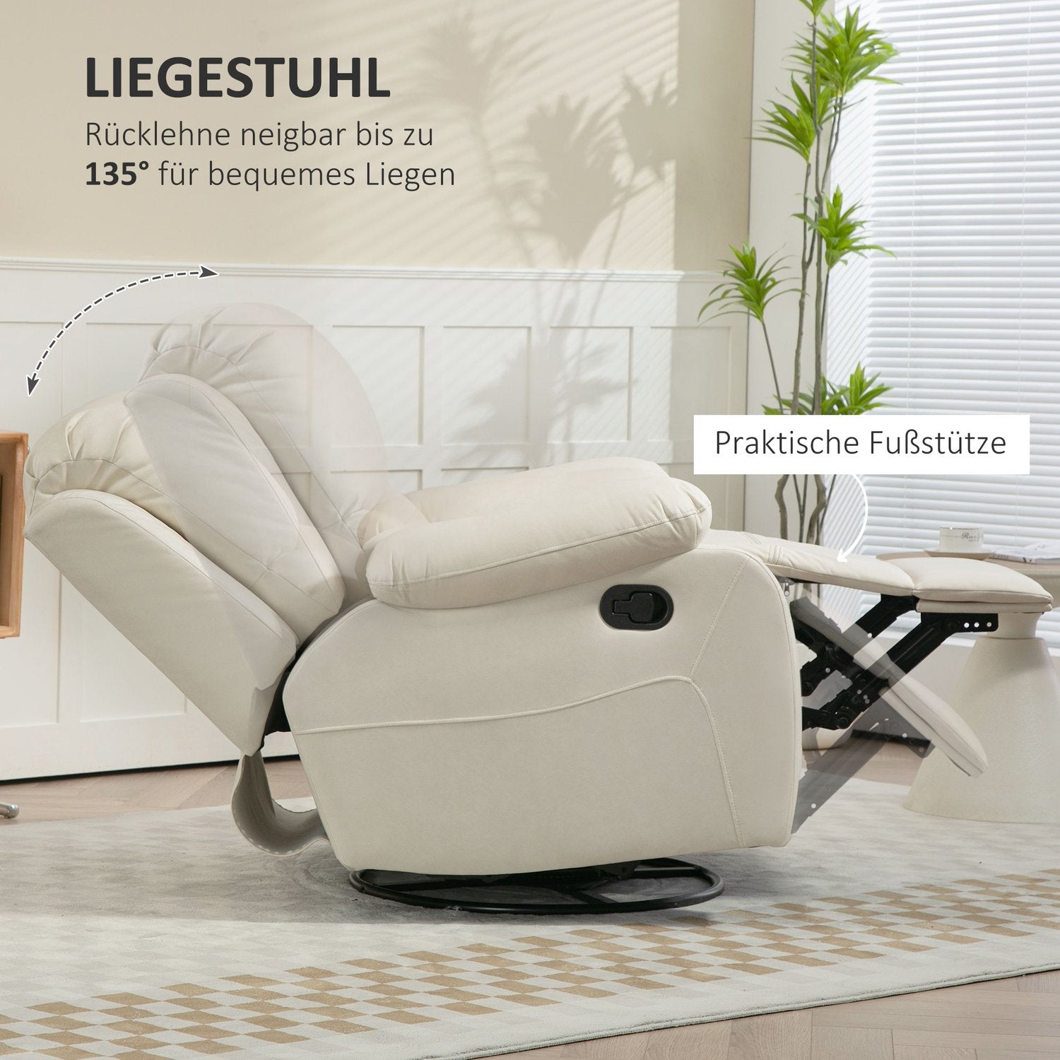 Liggstol med fotstöd & vridbar, krämklädsel