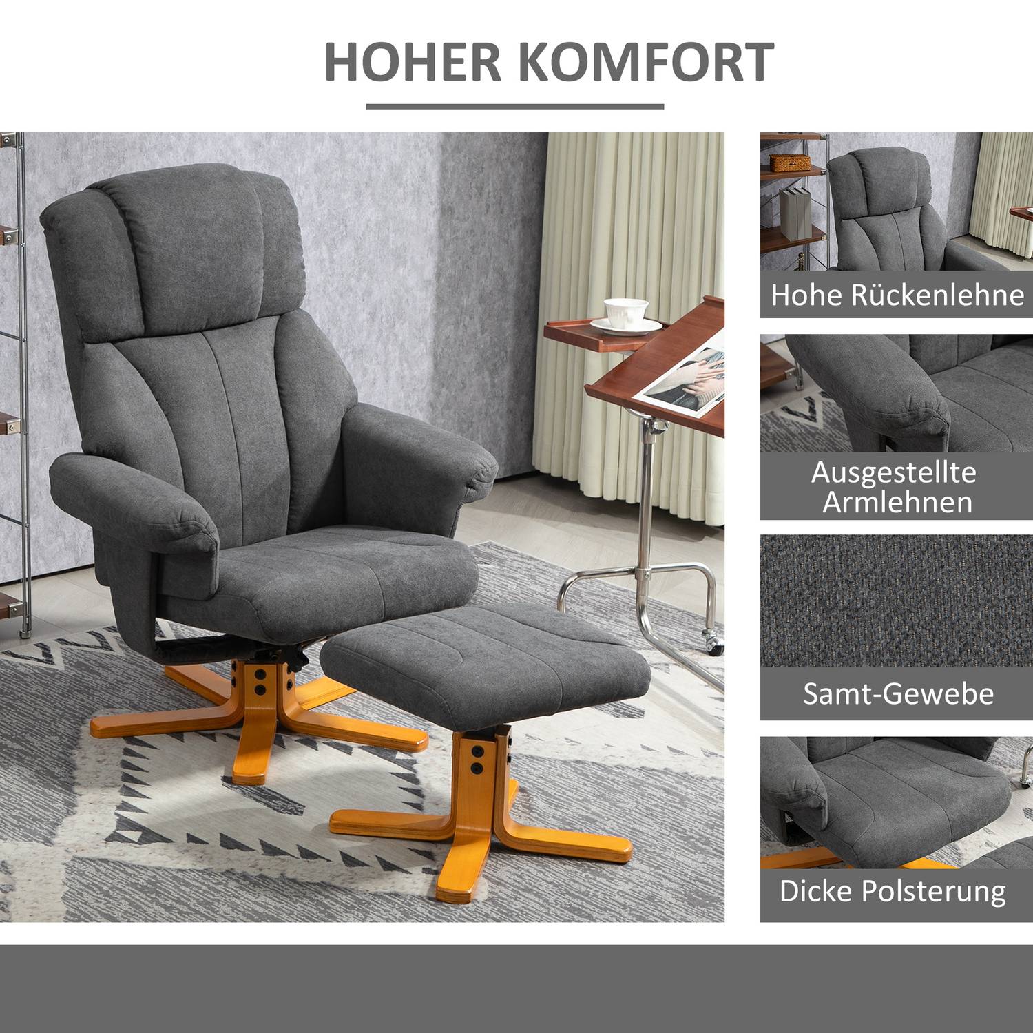 Liggstol med ottoman, 150 kg Max, mörkgrå, 79x80x104cm