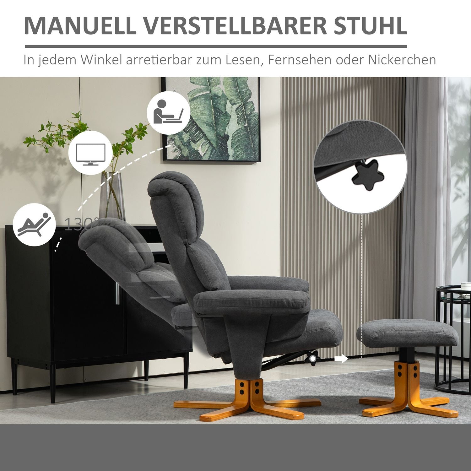 Liggstol med ottoman, 150 kg Max, mörkgrå, 79x80x104cm