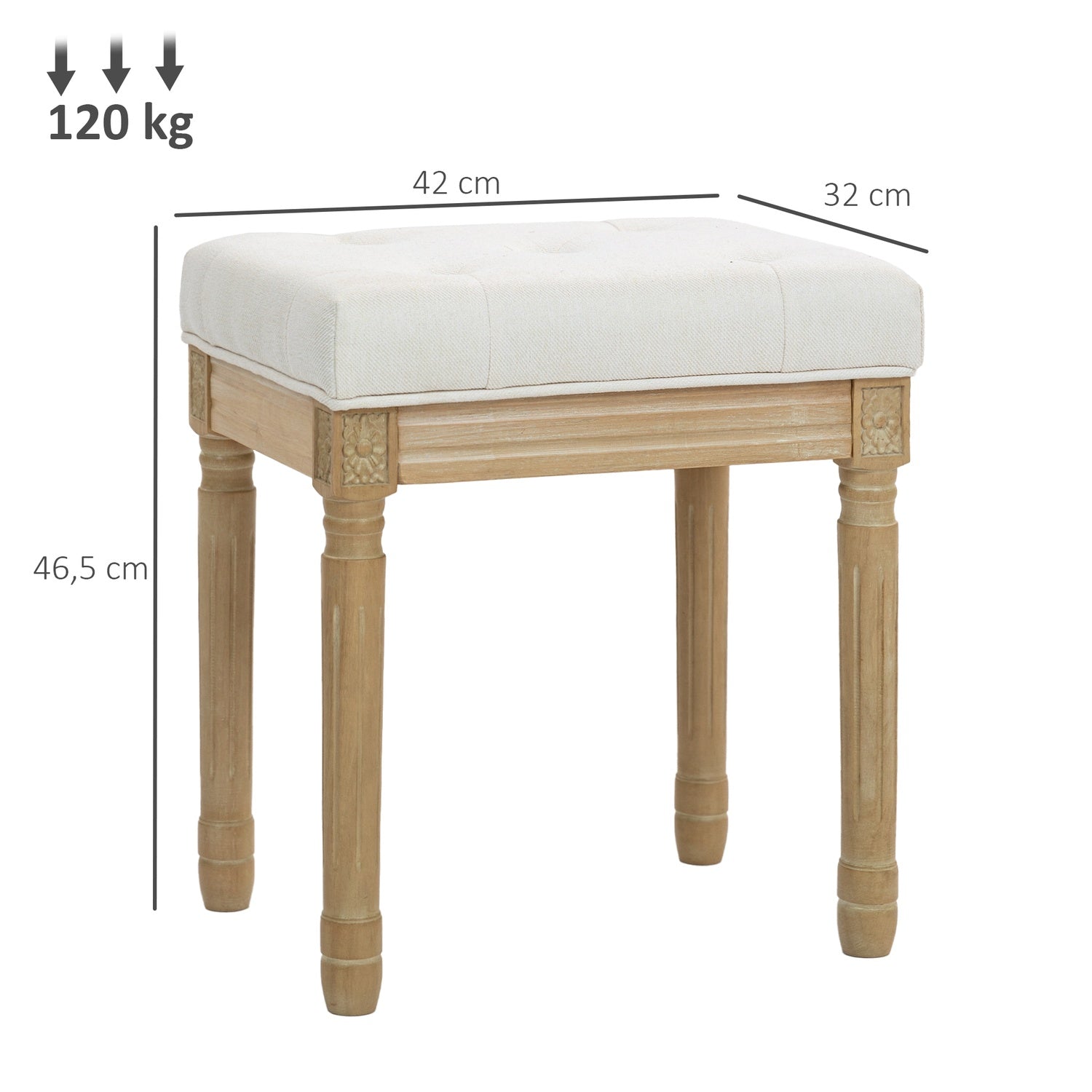 Linnefotbänk, stoppad sits, träben, 42x32x46,5 cm, beige
