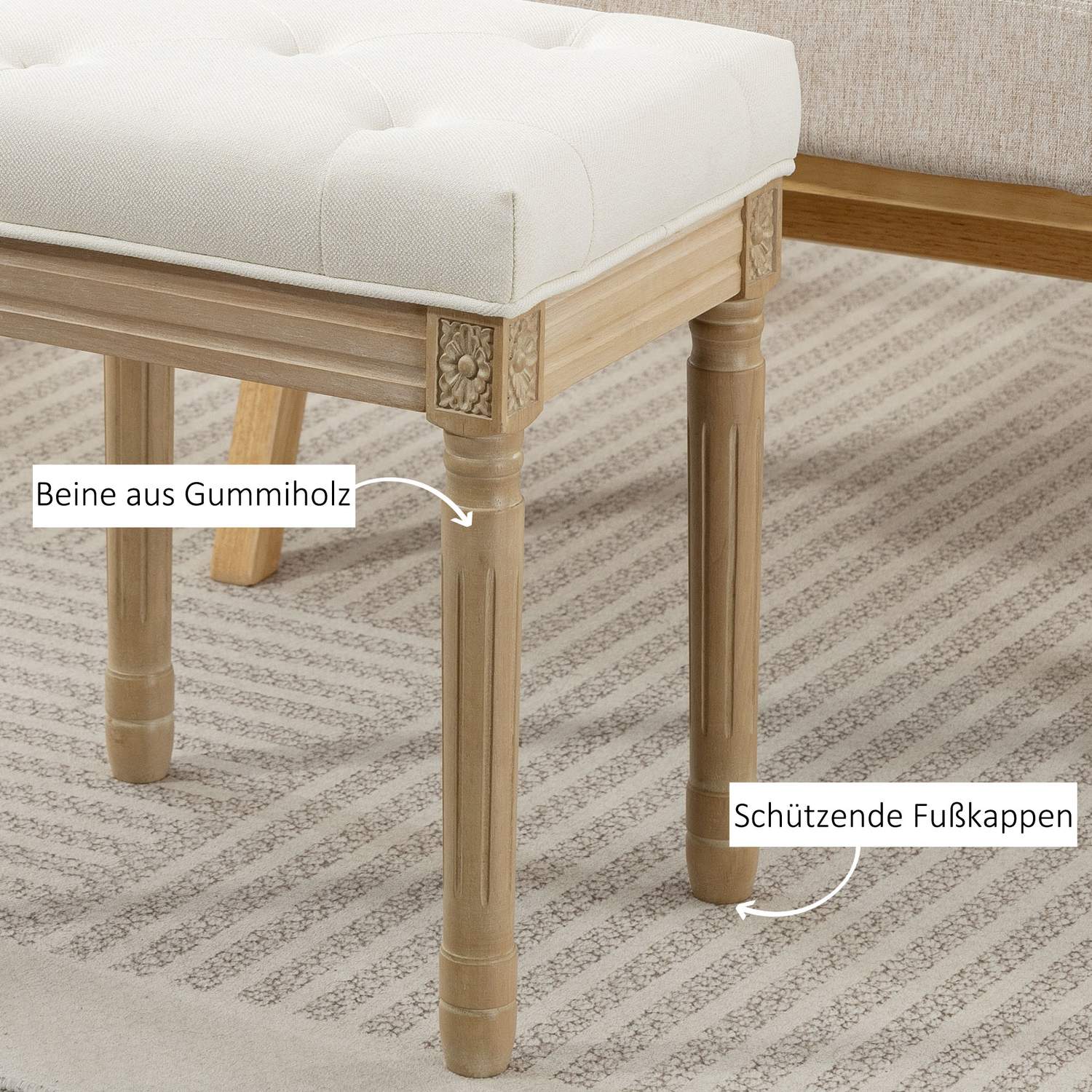 Linnefotbänk, stoppad sits, träben, 42x32x46,5 cm, beige