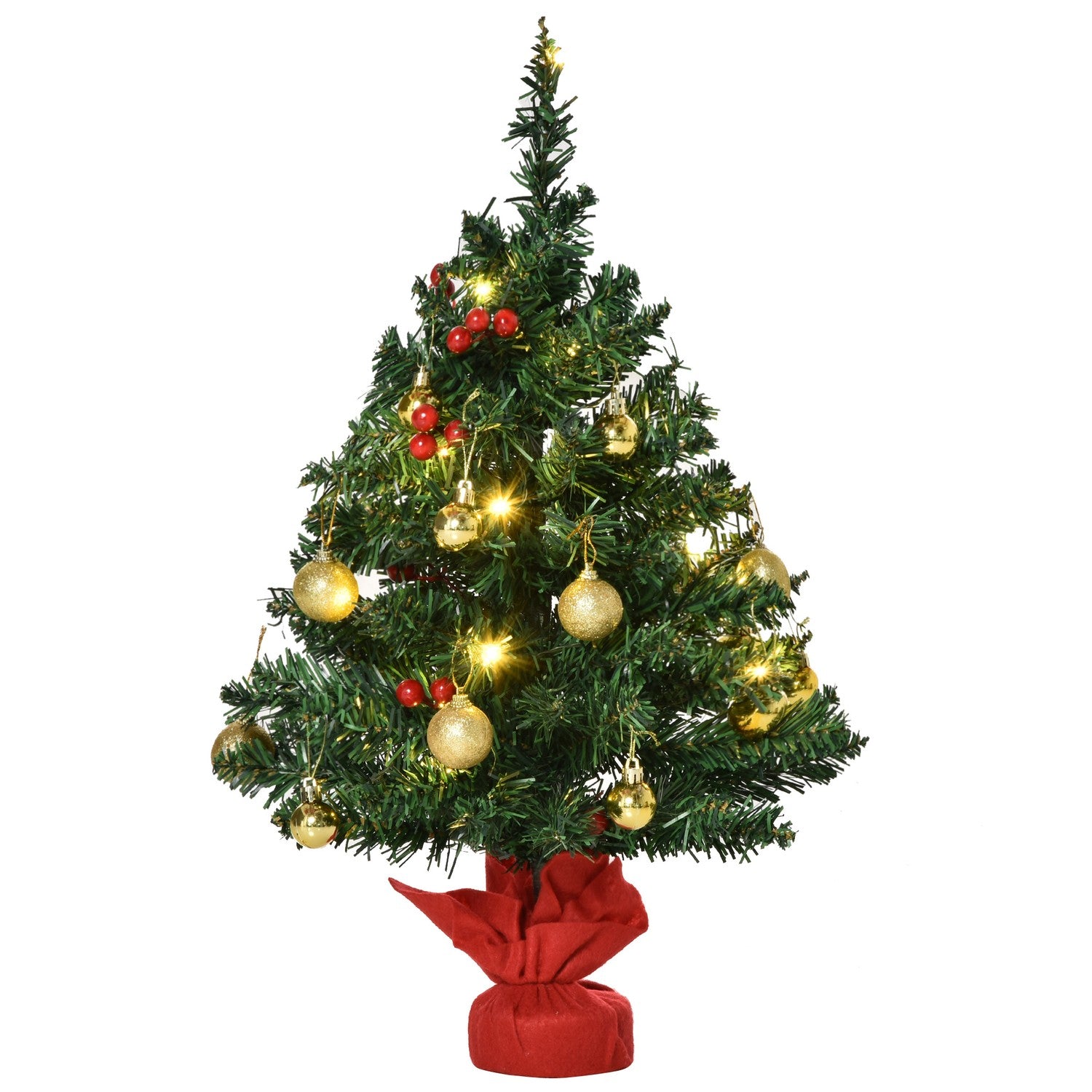 Liten grön julgran med LED-lampor och bär